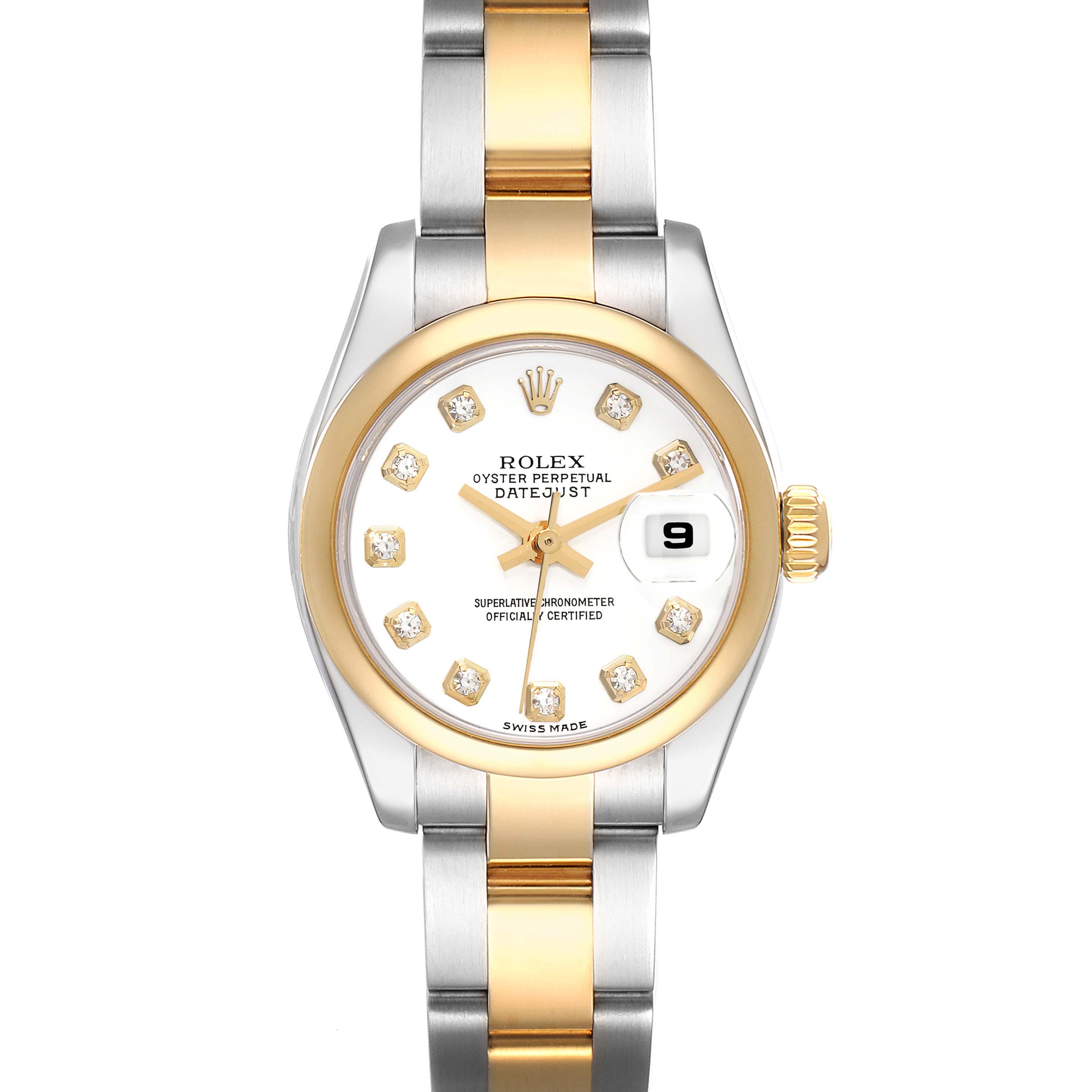 This image shows a front view of a Rolex Datejust 179163 Women's Steel and Gold (two tone) White Dial 179163 Women's Steel and Gold (two tone) White Dial watch with a two-tone bracelet and diamond hour markers.