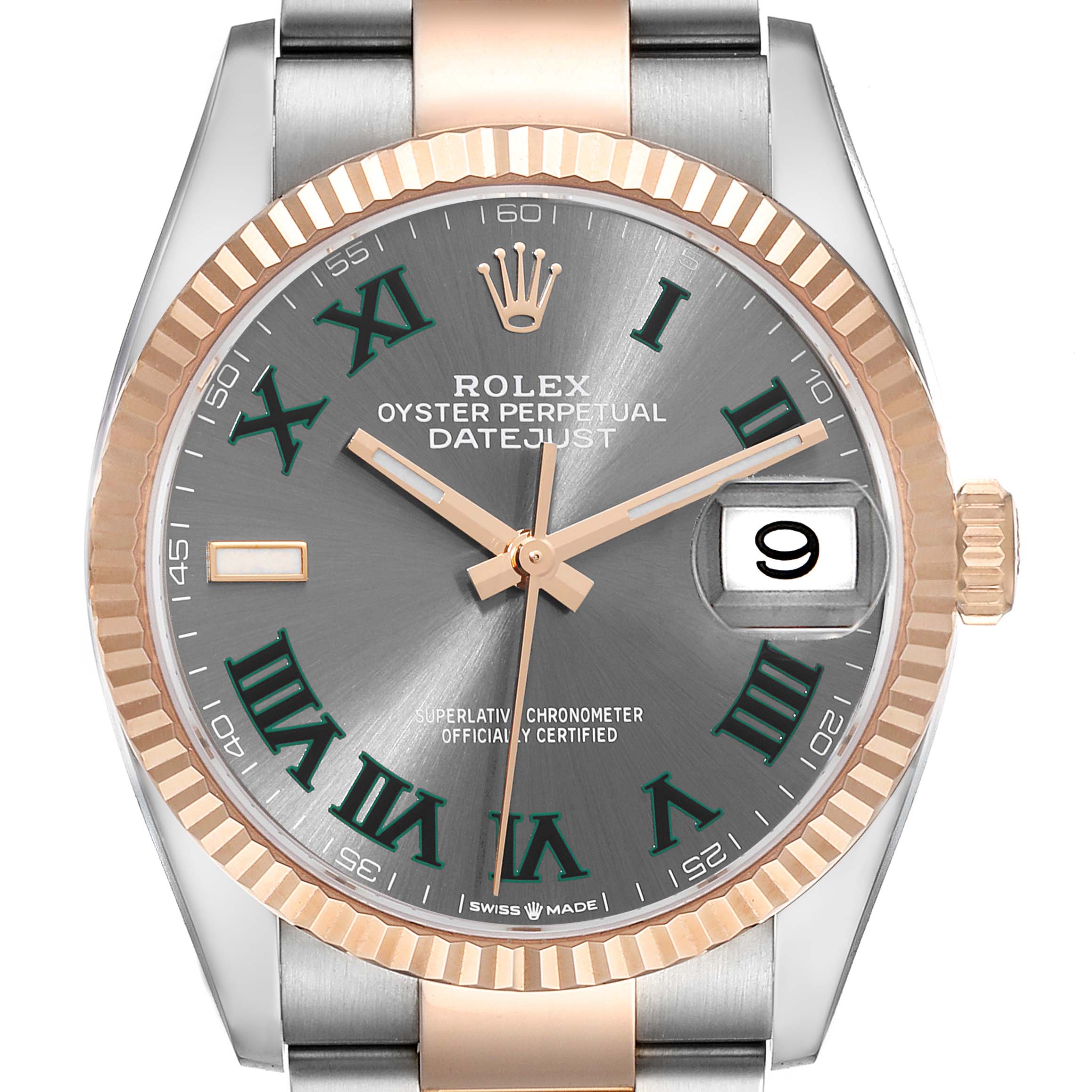 The image shows a close-up view of the Rolex Datejust 126231 Men's Steel and Gold (two tone) Grey Dial 126231 Men's Steel and Gold (two tone) Grey Dial watch face, highlighting the bezel, dial, and date window.