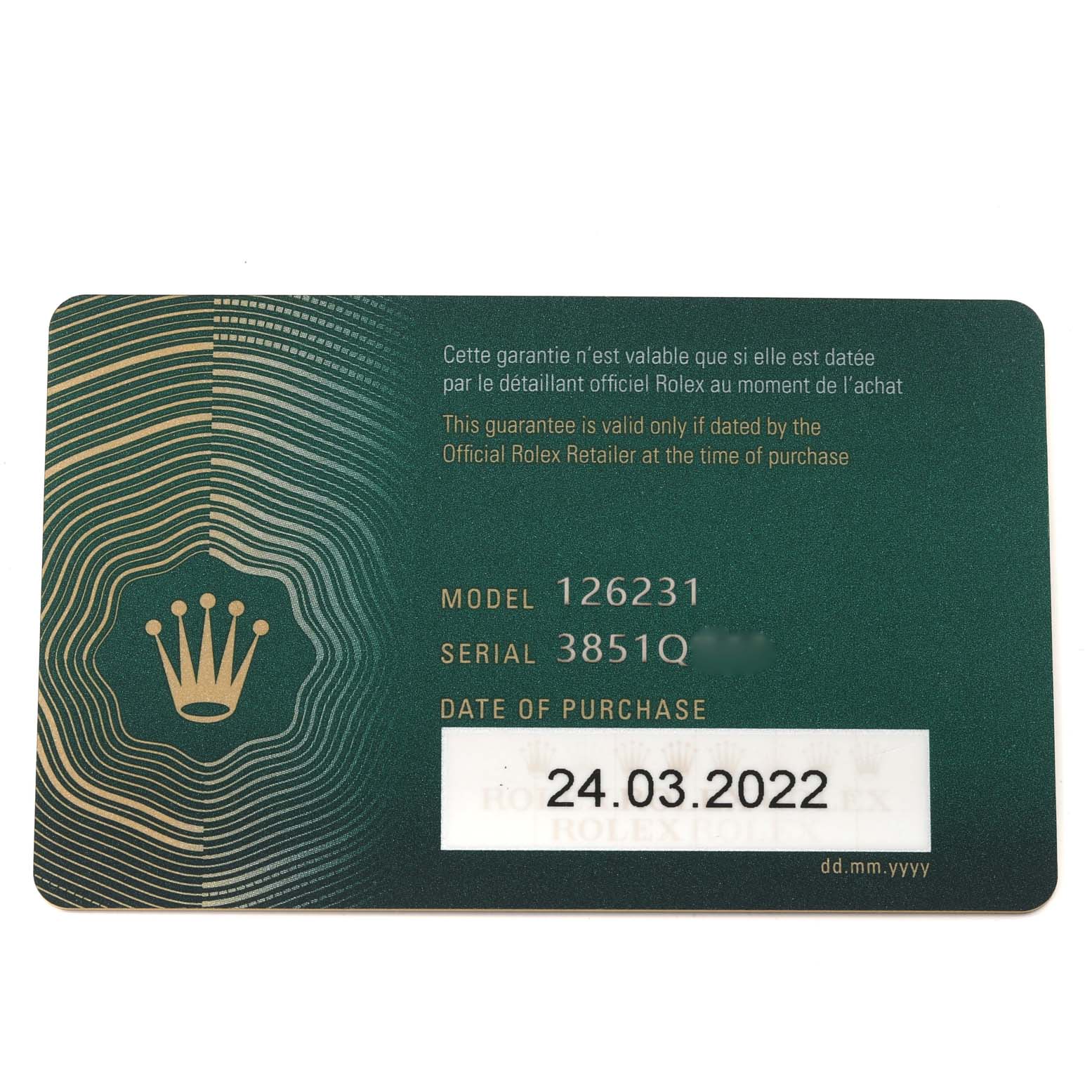 The image shows a guarantee card for the Rolex Datejust 126231 Men's Steel and Gold (two tone) Grey Dial 126231 Men's Steel and Gold (two tone) Grey Dial model 126231.
