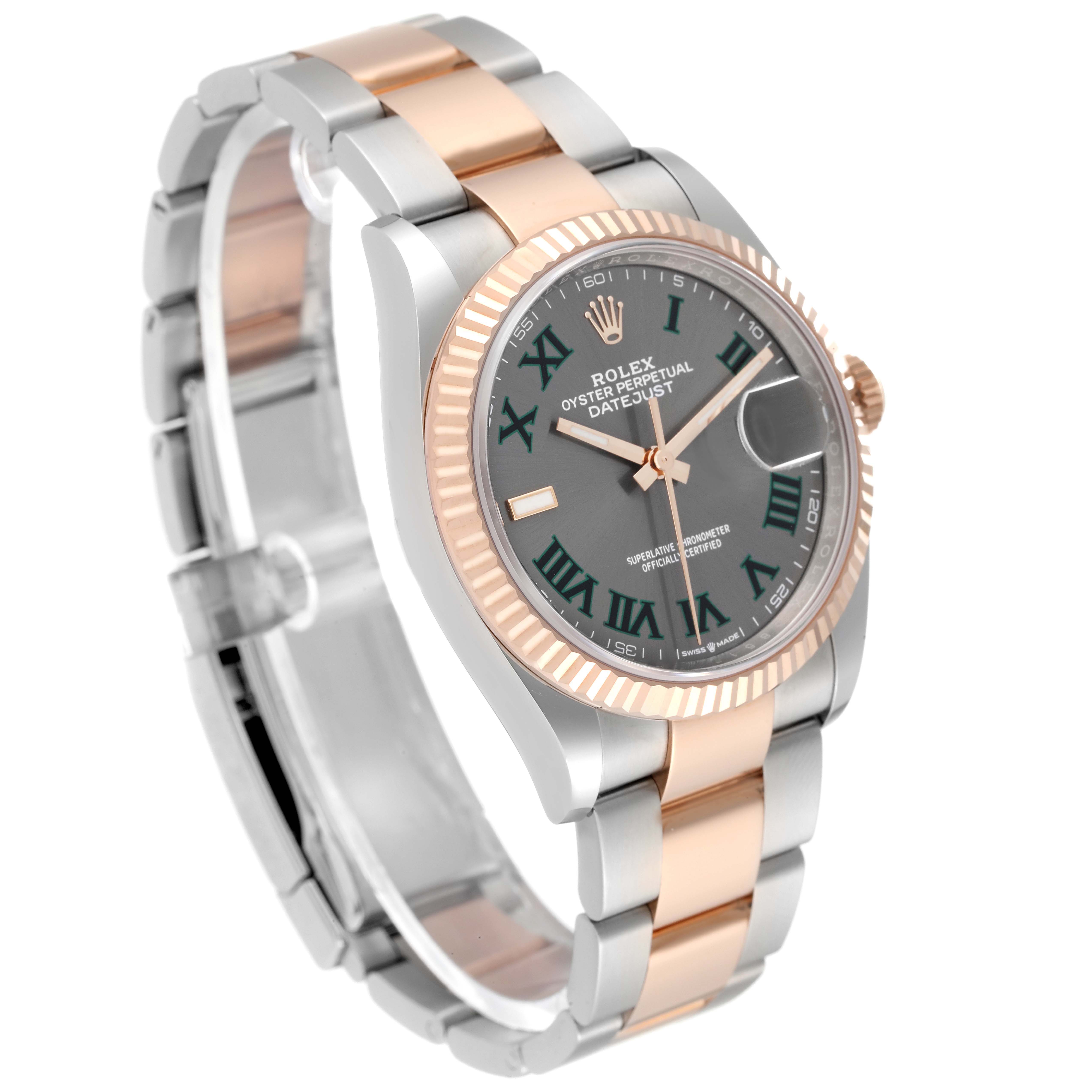 The image shows a Rolex Datejust 126231 Men's Steel and Gold (two tone) Grey Dial 126231 Men's Steel and Gold (two tone) Grey Dial watch at a slight angle, displaying its face, bezel, and band.