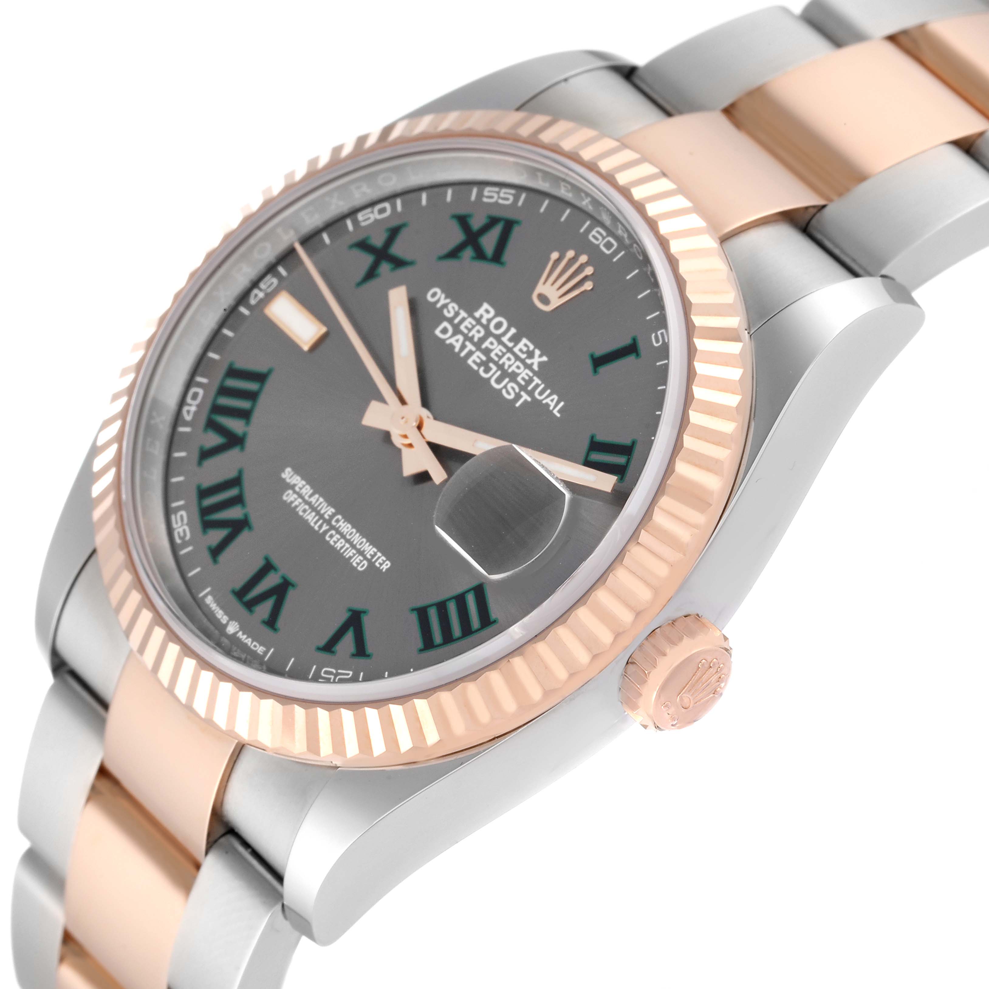 This image shows a close-up side angle of a Rolex Datejust 126231 Men's Steel and Gold (two tone) Grey Dial 126231 Men's Steel and Gold (two tone) Grey Dial watch, highlighting its dial, bezel, and part of the band.