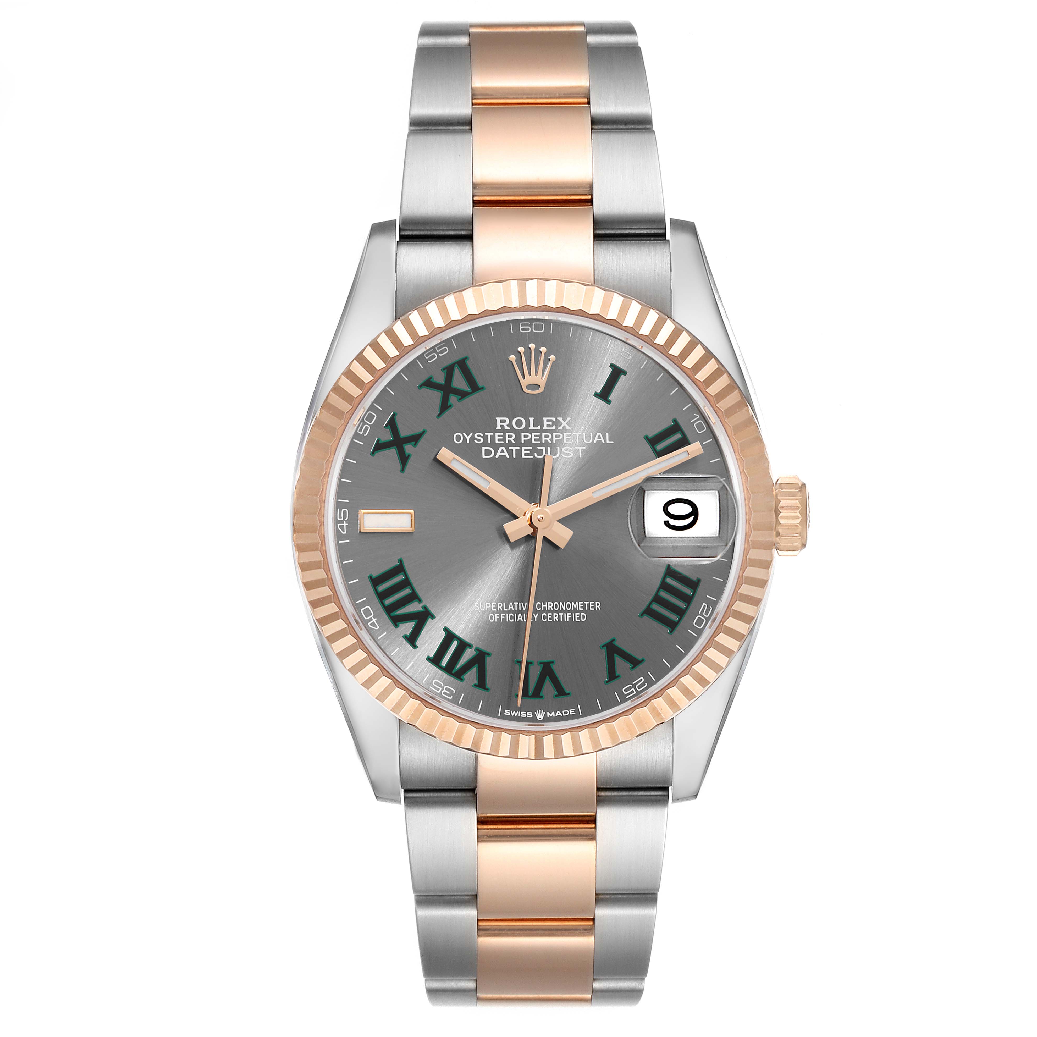 The image shows a front view of the Rolex Datejust 126231 Men's Steel and Gold (two tone) Grey Dial 126231 Men's Steel and Gold (two tone) Grey Dial watch, highlighting the dial, bezel, and two-tone bracelet.