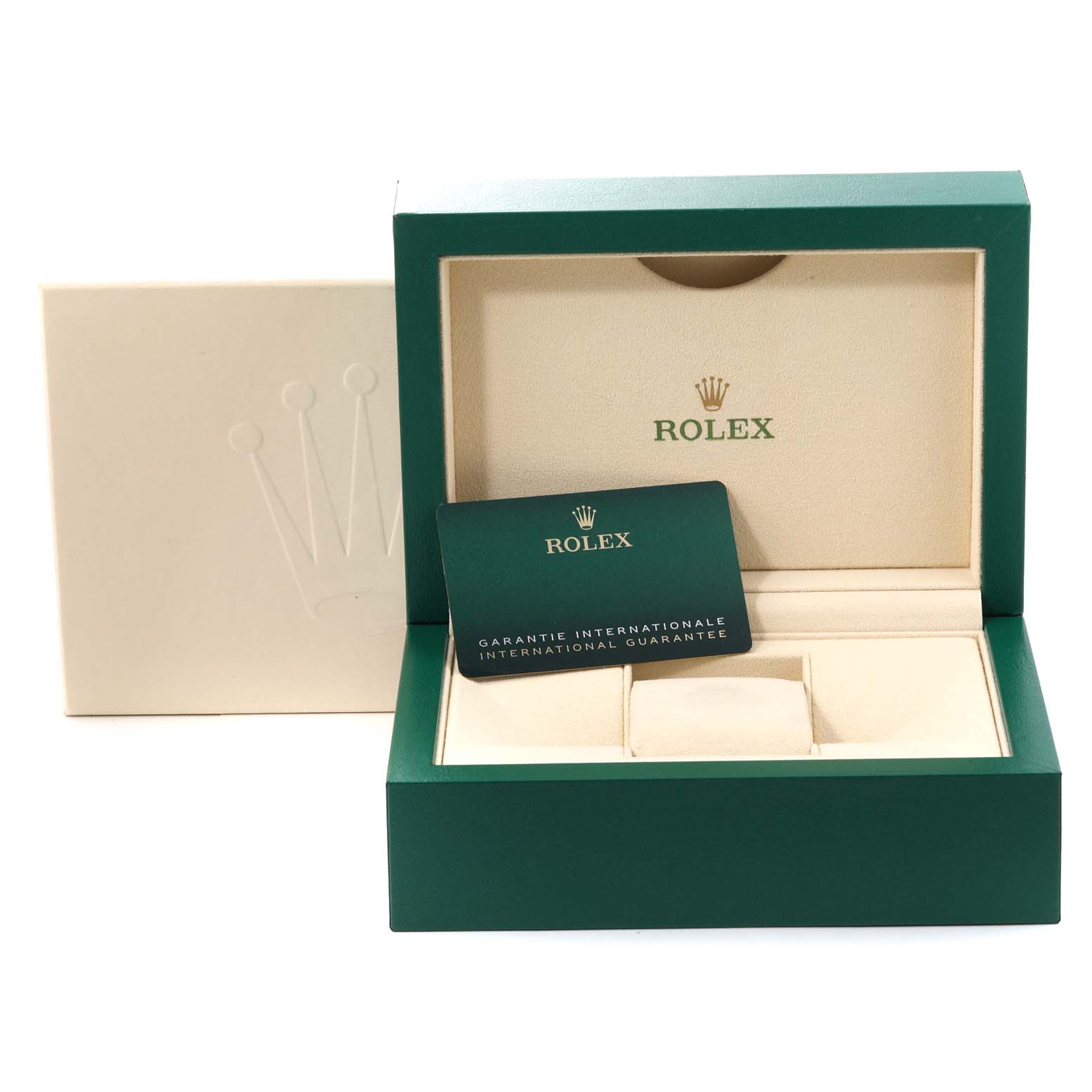 The image shows the green and cream box, with the guarantee card of the Rolex Datejust 126231 Men's Steel and Gold (two tone) Grey Dial 126231 Men's Steel and Gold (two tone) Grey Dial model.