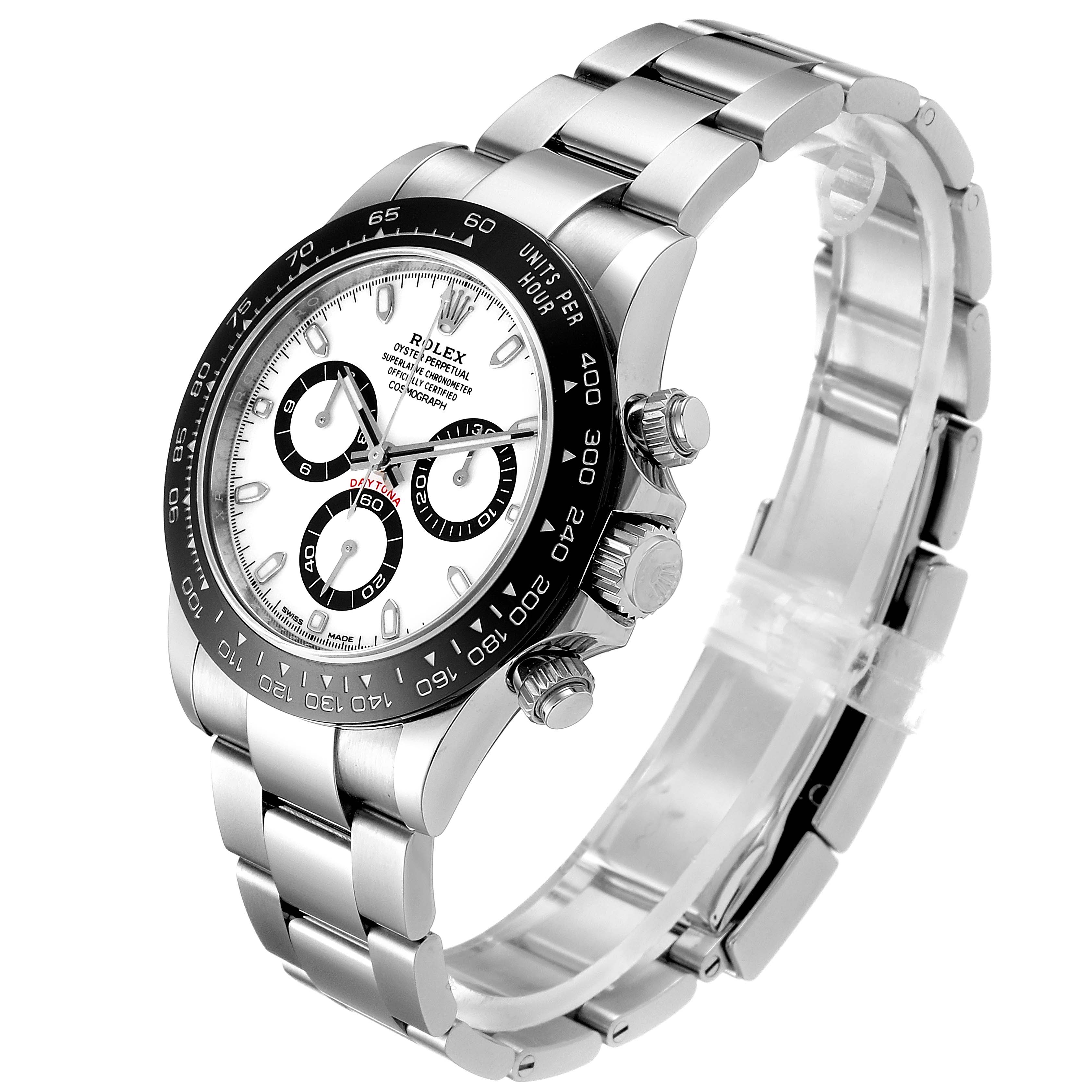 This image shows a Rolex Daytona 116500 Men's Stainless Steel White Dial 116500 Men's Stainless Steel White Dial model watch at a three-quarter angle, highlighting the face, bezel, crown, and bracelet.