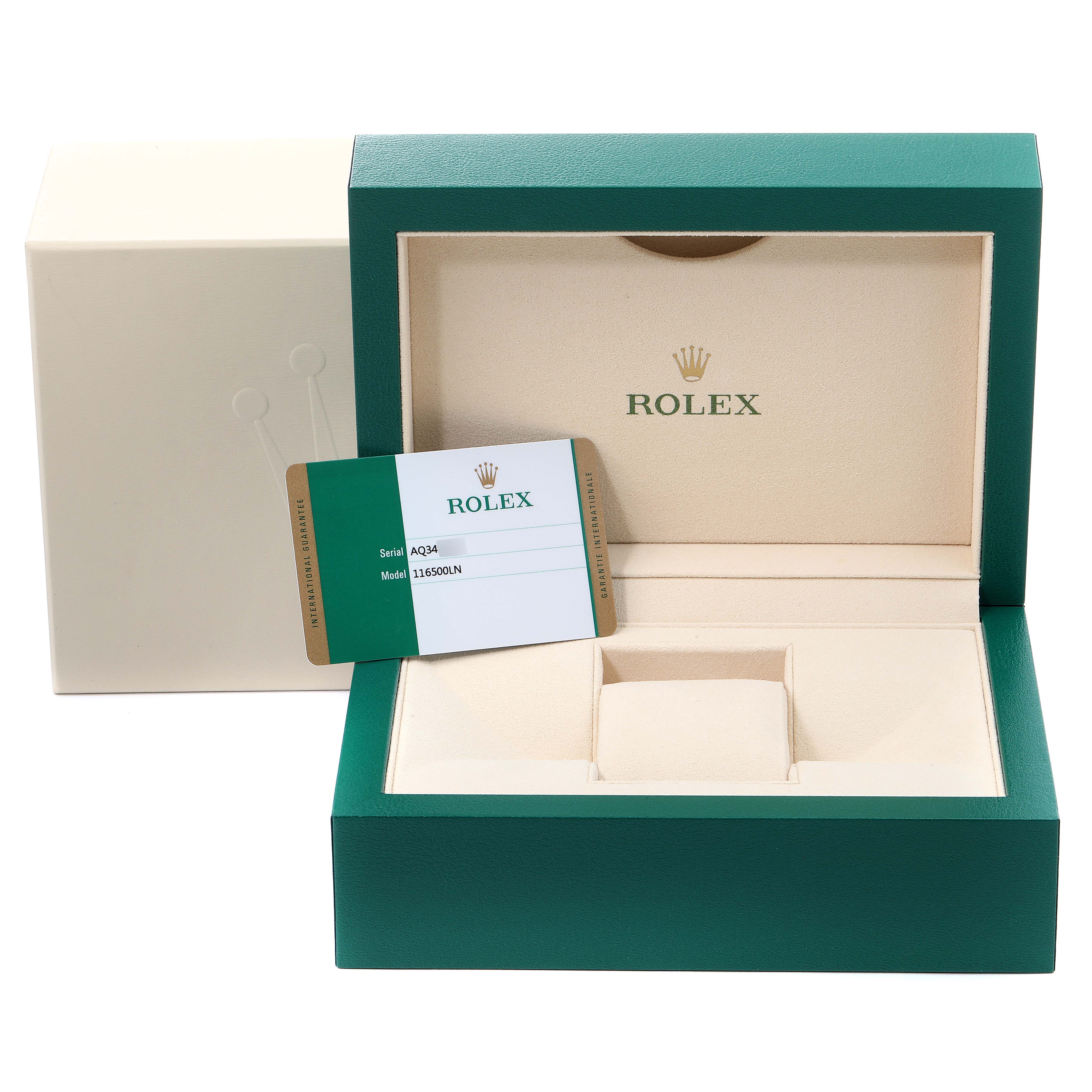 The image shows the packaging and accessories for a Rolex Daytona 116500 Men's Stainless Steel White Dial 116500 Men's Stainless Steel White Dial watch, including the green box and authentication card.