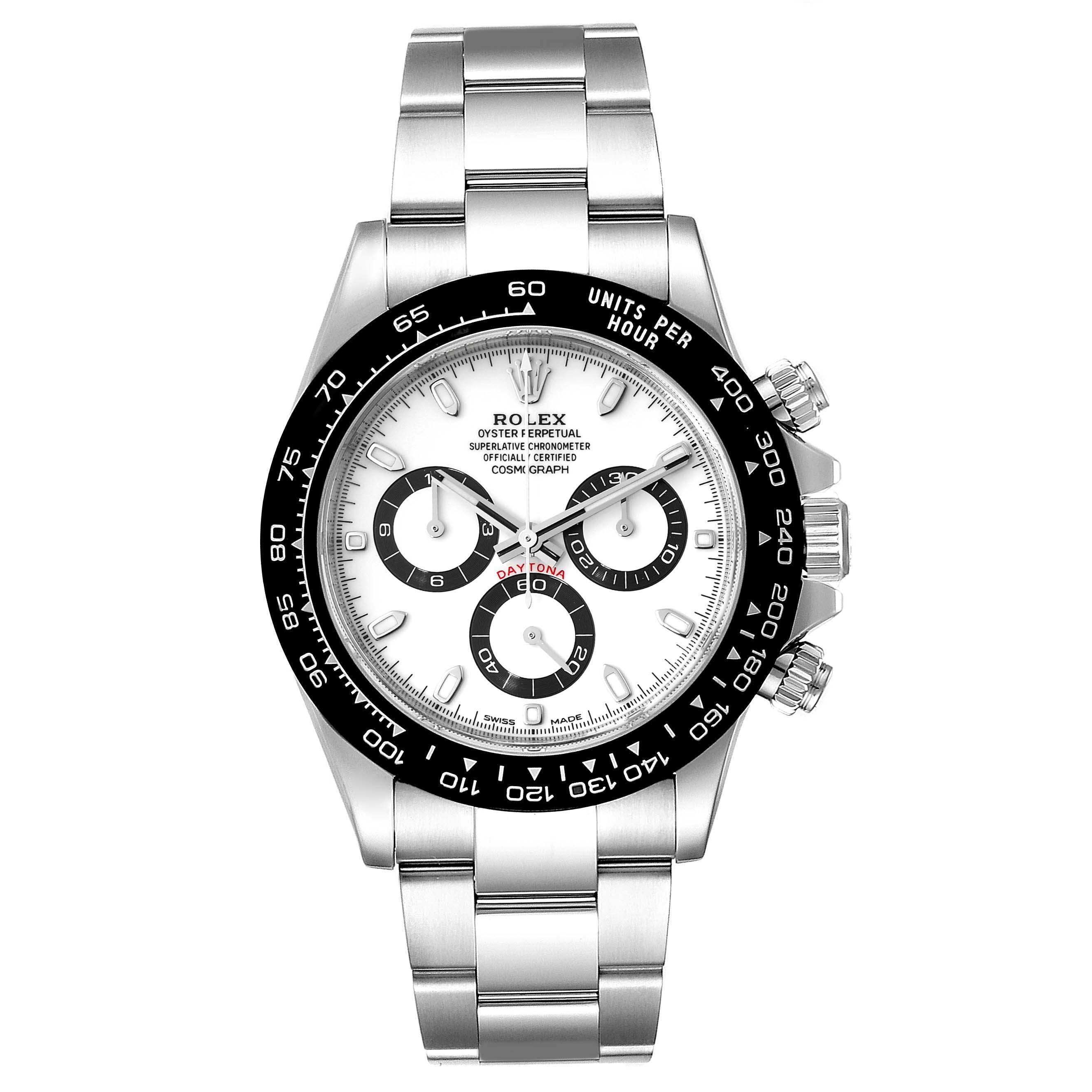 This image shows the front view of a Rolex Daytona 116500 Men's Stainless Steel White Dial 116500 Men's Stainless Steel White Dial watch, highlighting the face, bezel, and bracelet.