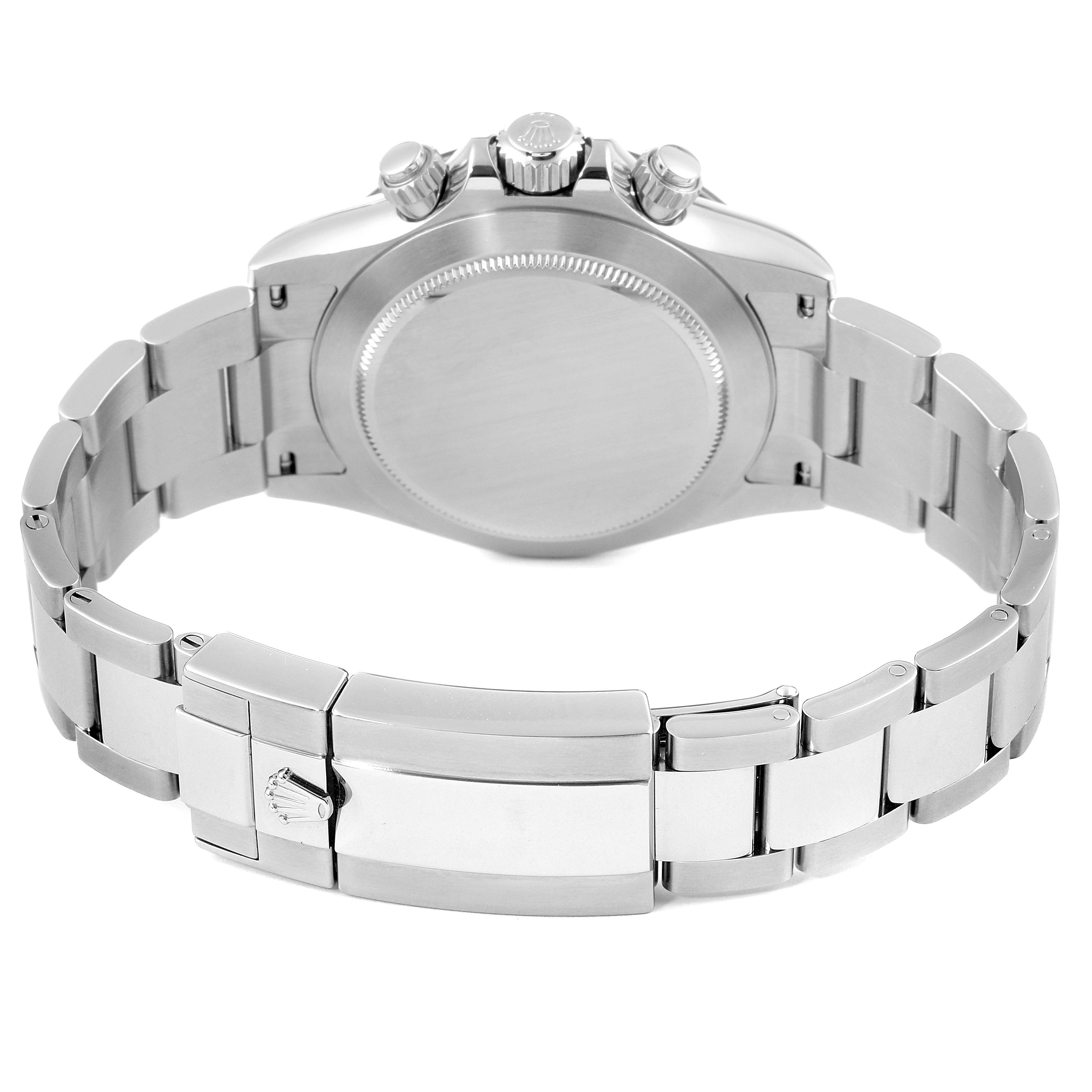 The image shows the back view of the Rolex Daytona 116500 Men's Stainless Steel White Dial 116500 Men's Stainless Steel White Dial watch, including the case back and bracelet clasp.