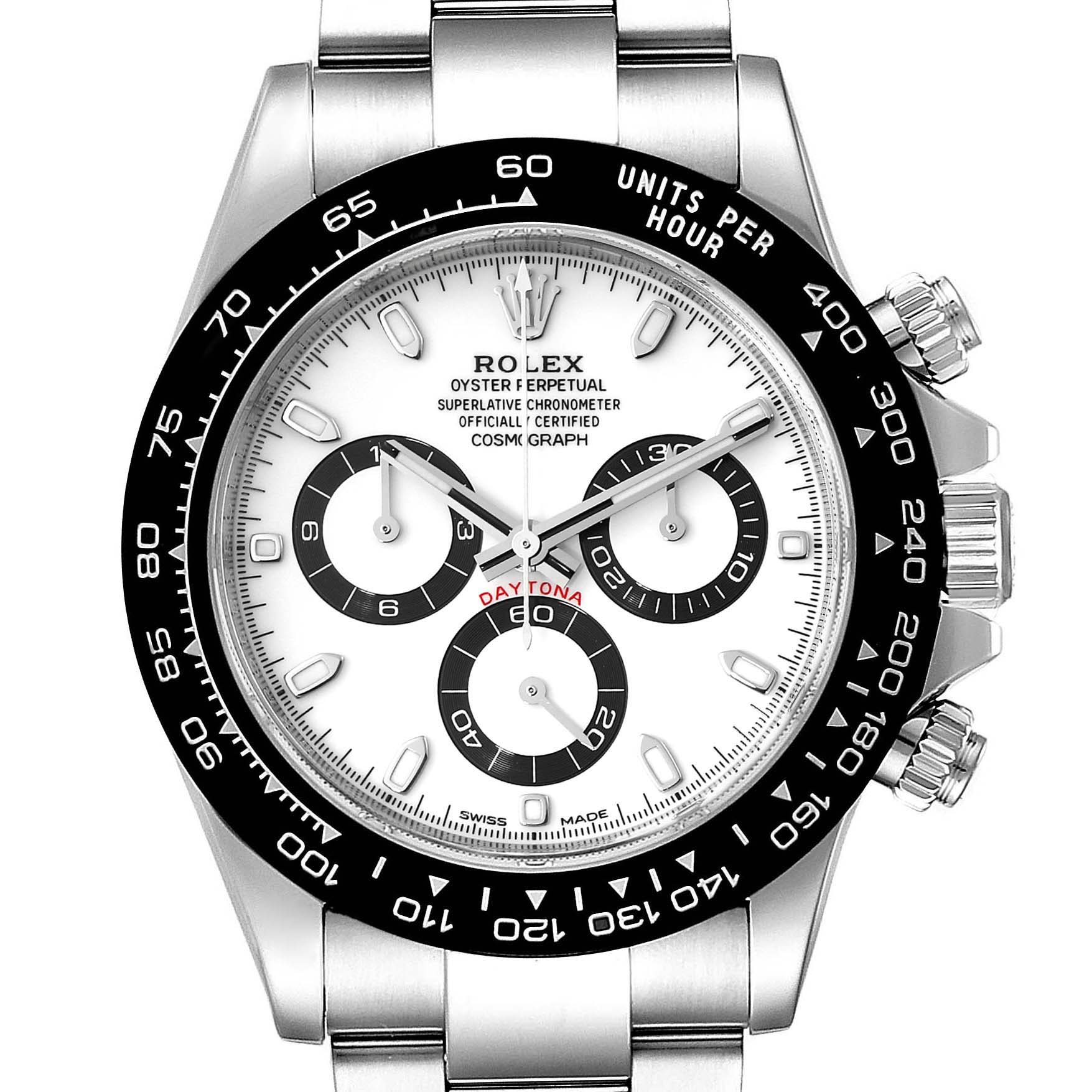 This image shows a front view of the Rolex Daytona 116500 Men's Stainless Steel White Dial 116500 Men's Stainless Steel White Dial watch, displaying its white dial, black bezel, and chronograph subdials.