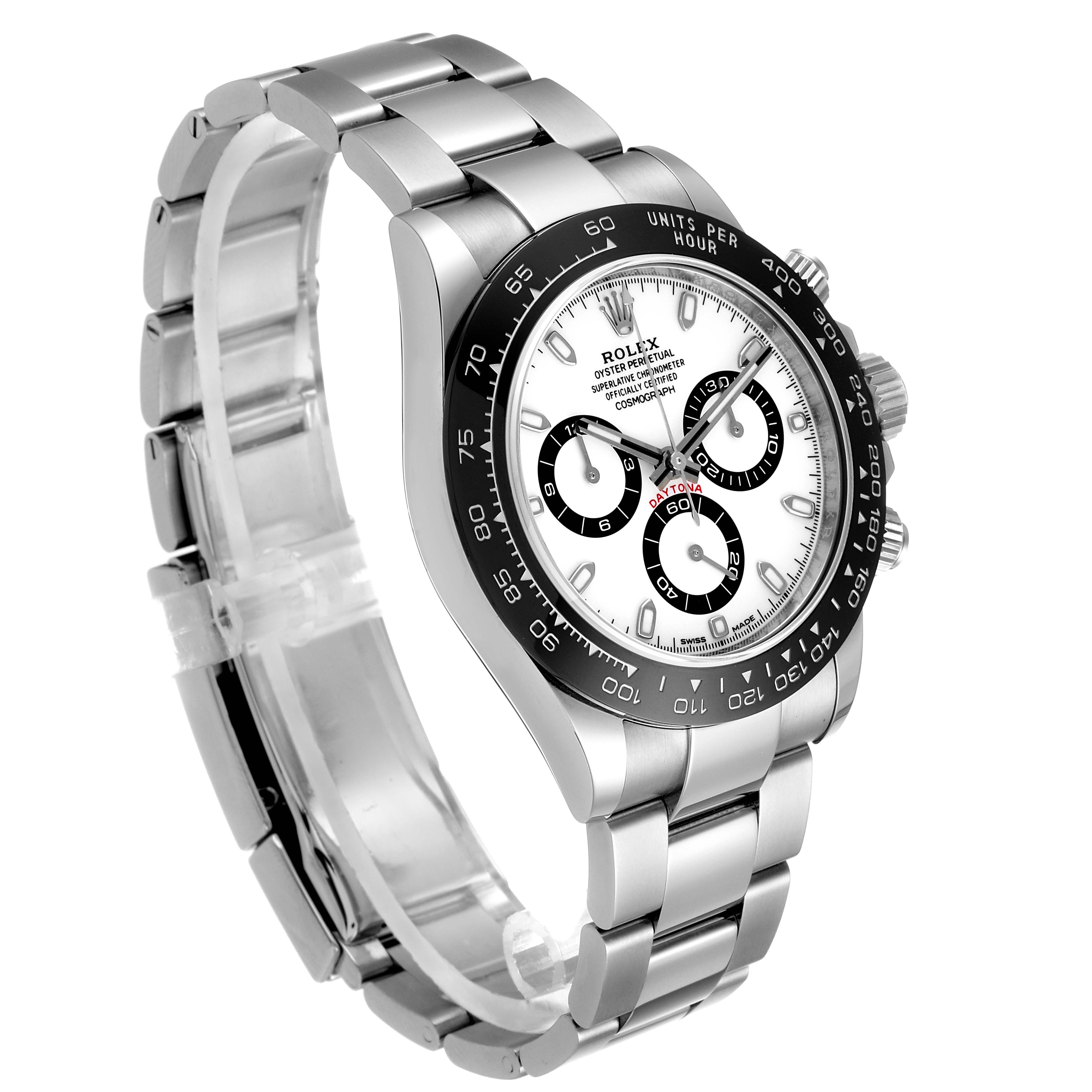 The image shows a side angle view of the Rolex Daytona 116500 Men's Stainless Steel White Dial 116500 Men's Stainless Steel White Dial watch, displaying its bezel, dial, and metal bracelet.