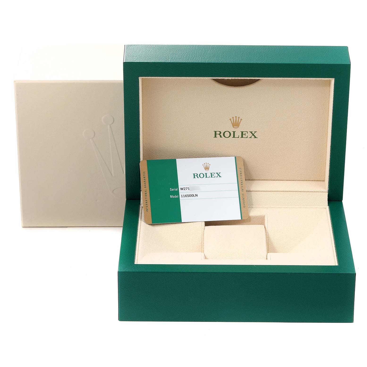 The image shows the open box and warranty card for a Rolex Daytona 116500 Men's Stainless Steel White Dial 116500 Men's Stainless Steel White Dial watch, model 116500LN.