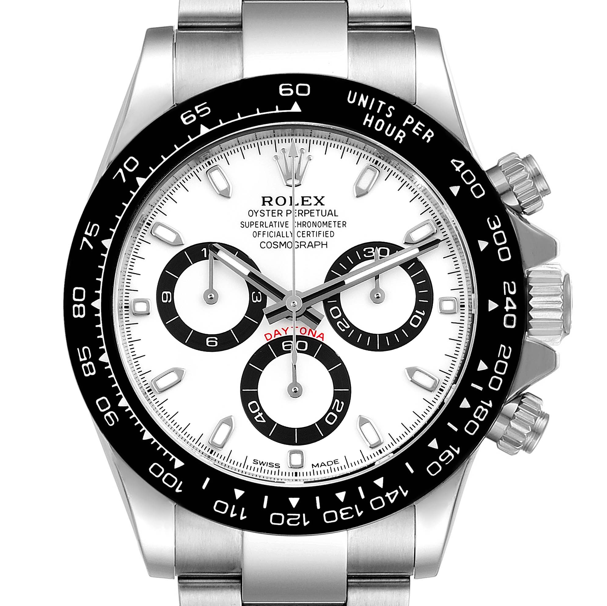 The image shows the face of a Rolex Daytona 116500 Men's Stainless Steel White Dial 116500 Men's Stainless Steel White Dial watch with a white dial and black bezel, viewed from the front.