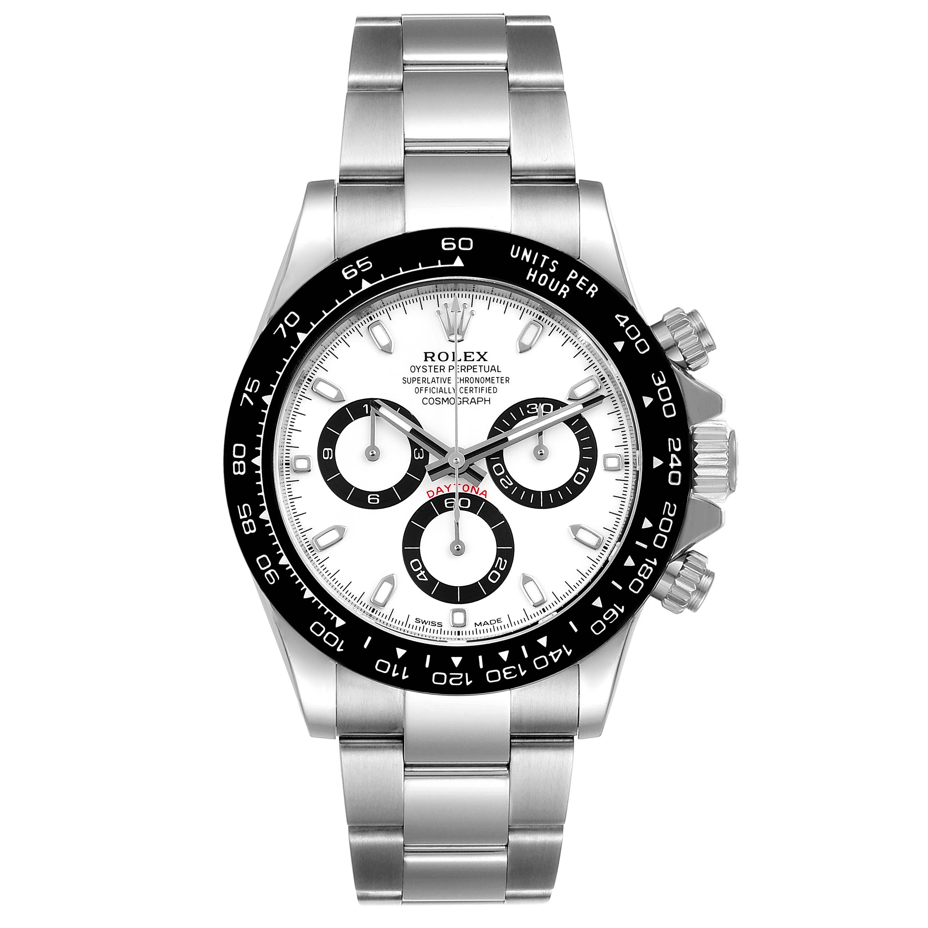 This image shows a frontal view of the Rolex Daytona 116500 Men's Stainless Steel White Dial 116500 Men's Stainless Steel White Dial watch, displaying its dial, bezel, and bracelet.
