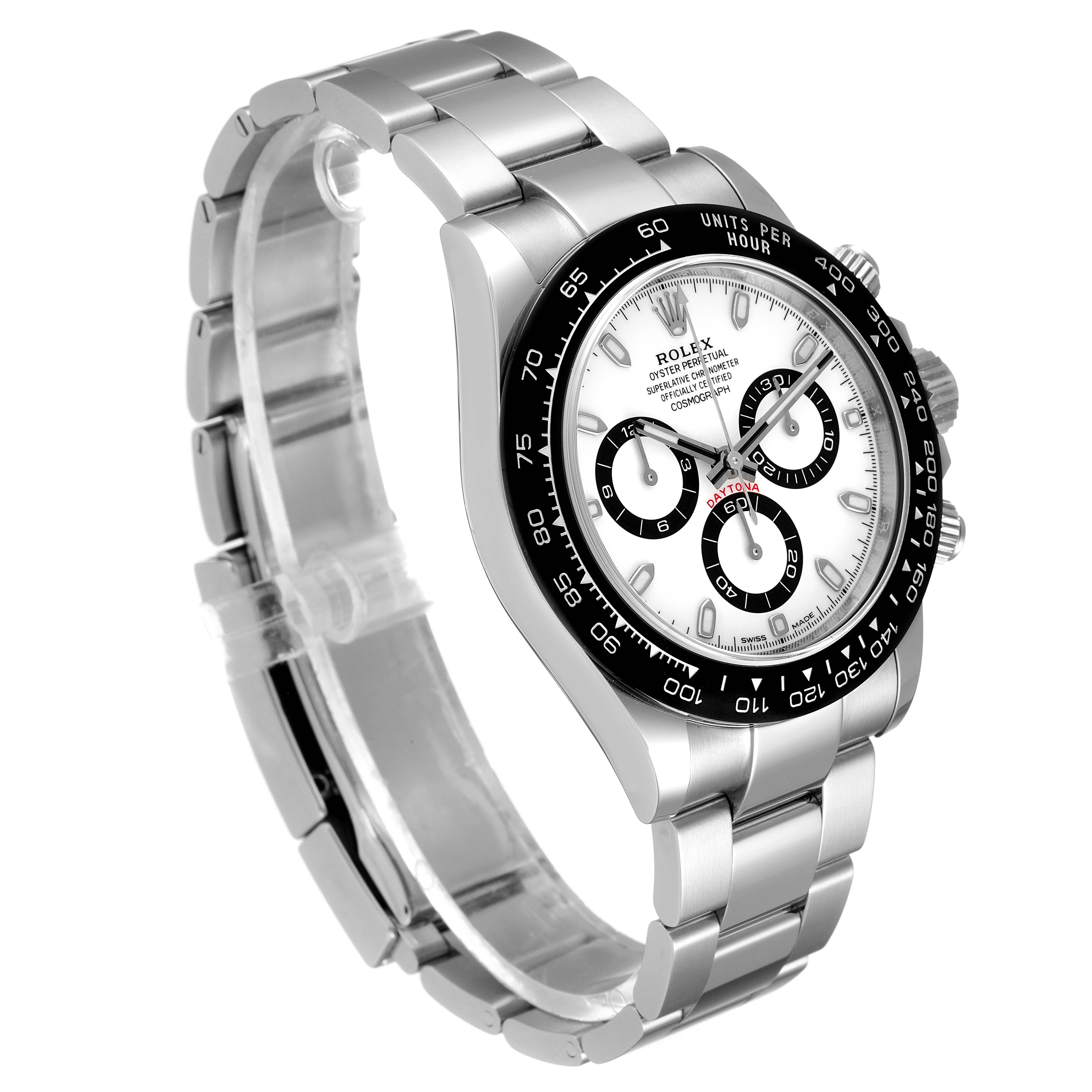 The image shows a side angle of a Rolex Daytona 116500 Men's Stainless Steel White Dial 116500 Men's Stainless Steel White Dial watch, displaying the bezel, dial, chronograph subdials, and bracelet.