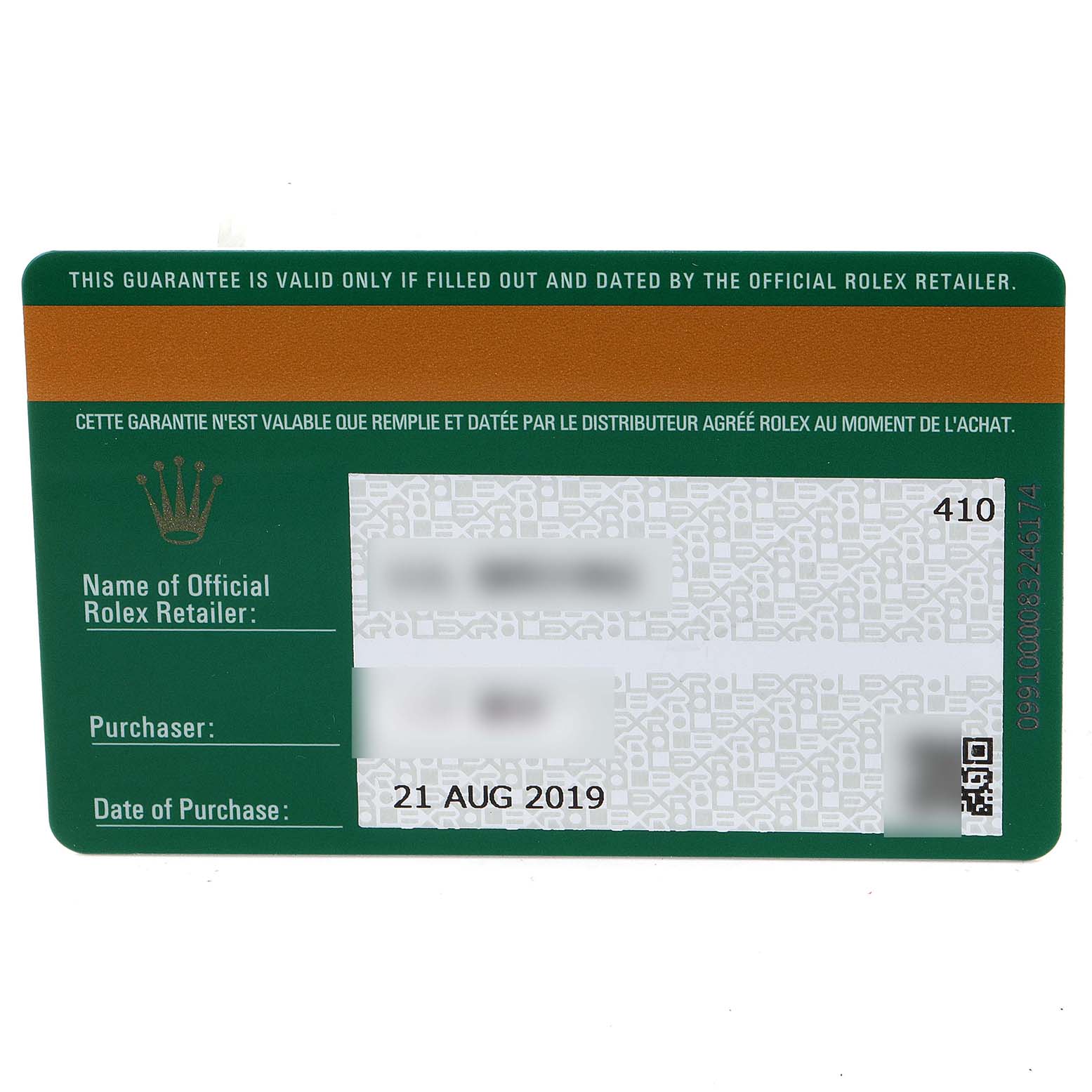 This image shows a warranty card for a Rolex Daytona 116500 Men's Stainless Steel White Dial 116500 Men's Stainless Steel White Dial watch, detailing the retailer, purchaser, and purchase date.