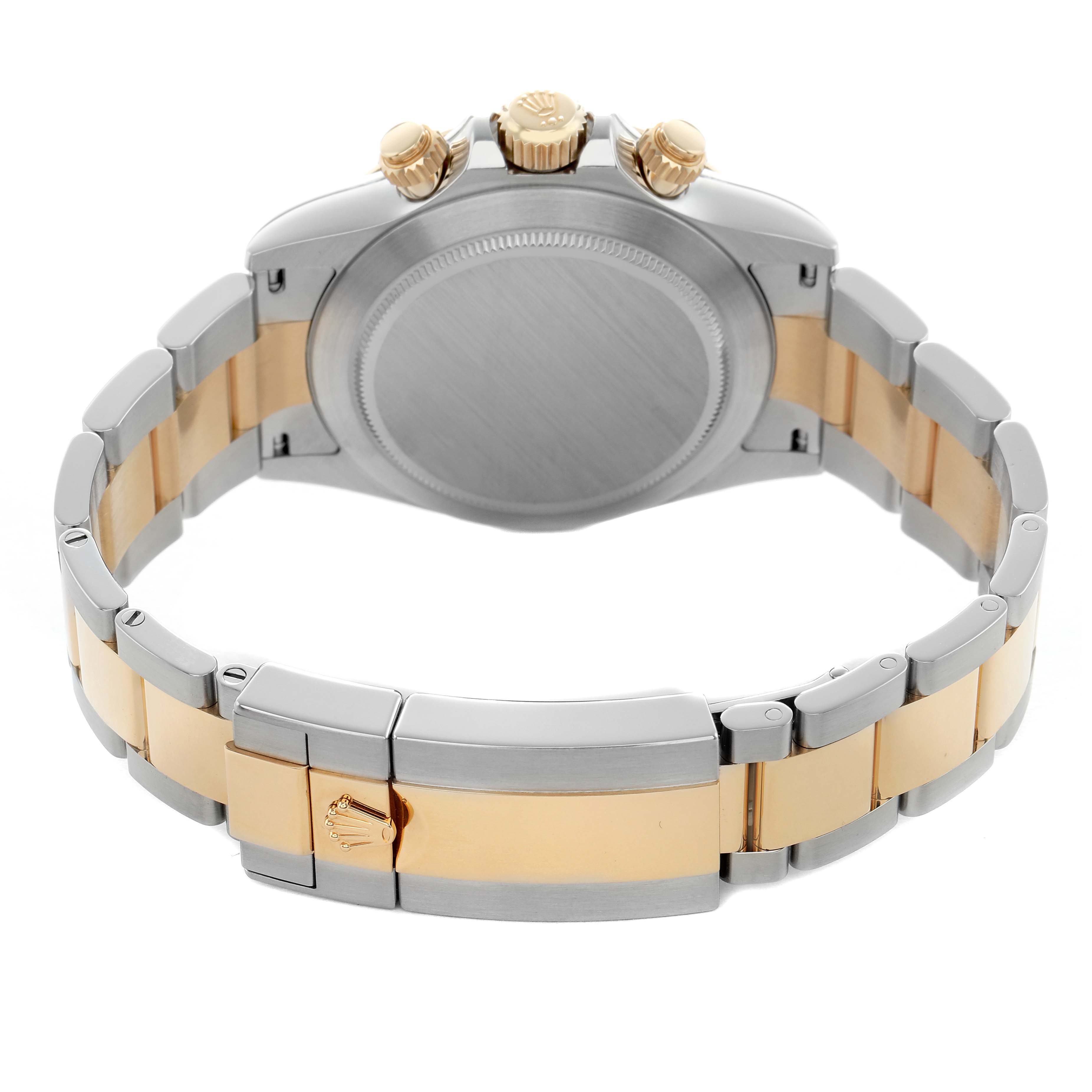 The image shows the back view of a Rolex Daytona 116503 Men's Steel and Gold (two tone) Mother of Pearl Dial watch, highlighting the case back, gold and silver bracelet, and the crown.