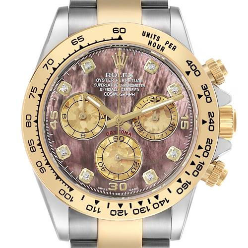 The Rolex Daytona 116503 Men's Steel and Gold (two tone) Mother of Pearl Dial watch is shown from a front angle, highlighting its dial, bezel, and pushers.