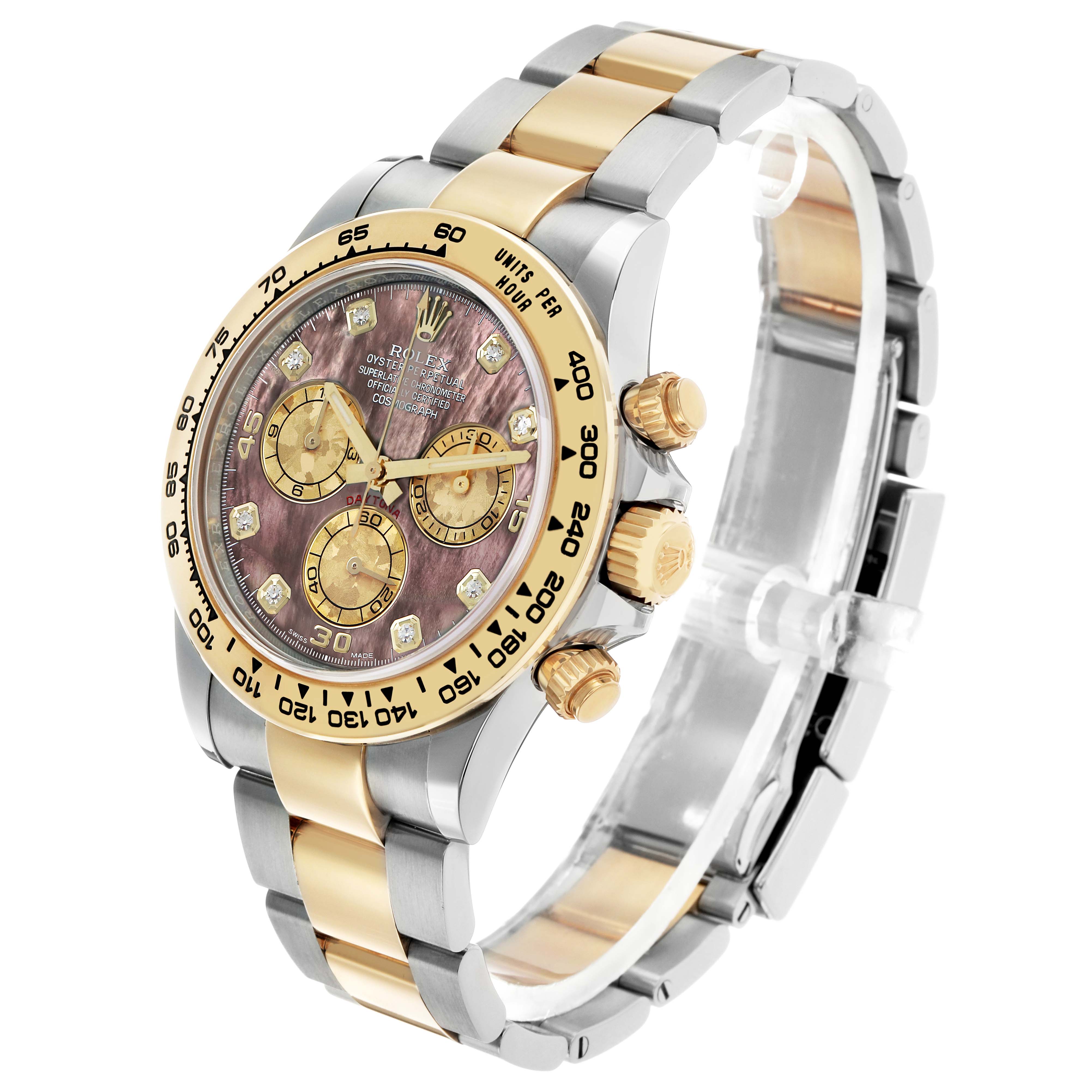 The Rolex Daytona 116503 Men's Steel and Gold (two tone) Mother of Pearl Dial watch is shown at a three-quarter angle displaying the face, bezel, crown, and two-tone bracelet.