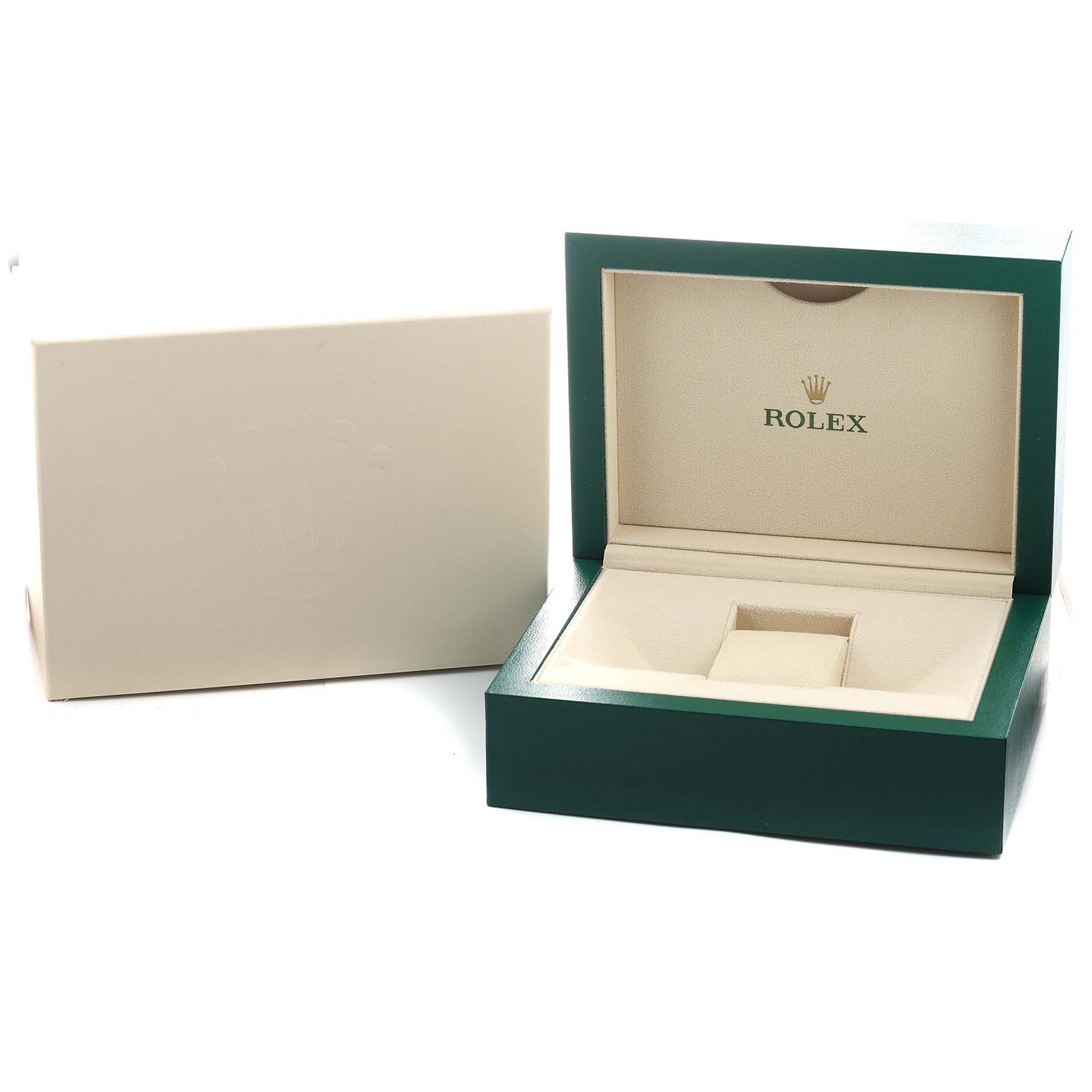 The image shows a Rolex Daytona 116503 Men's Steel and Gold (two tone) Mother of Pearl Dial watch box and outer packaging at a slight angle, displaying the open case interior.