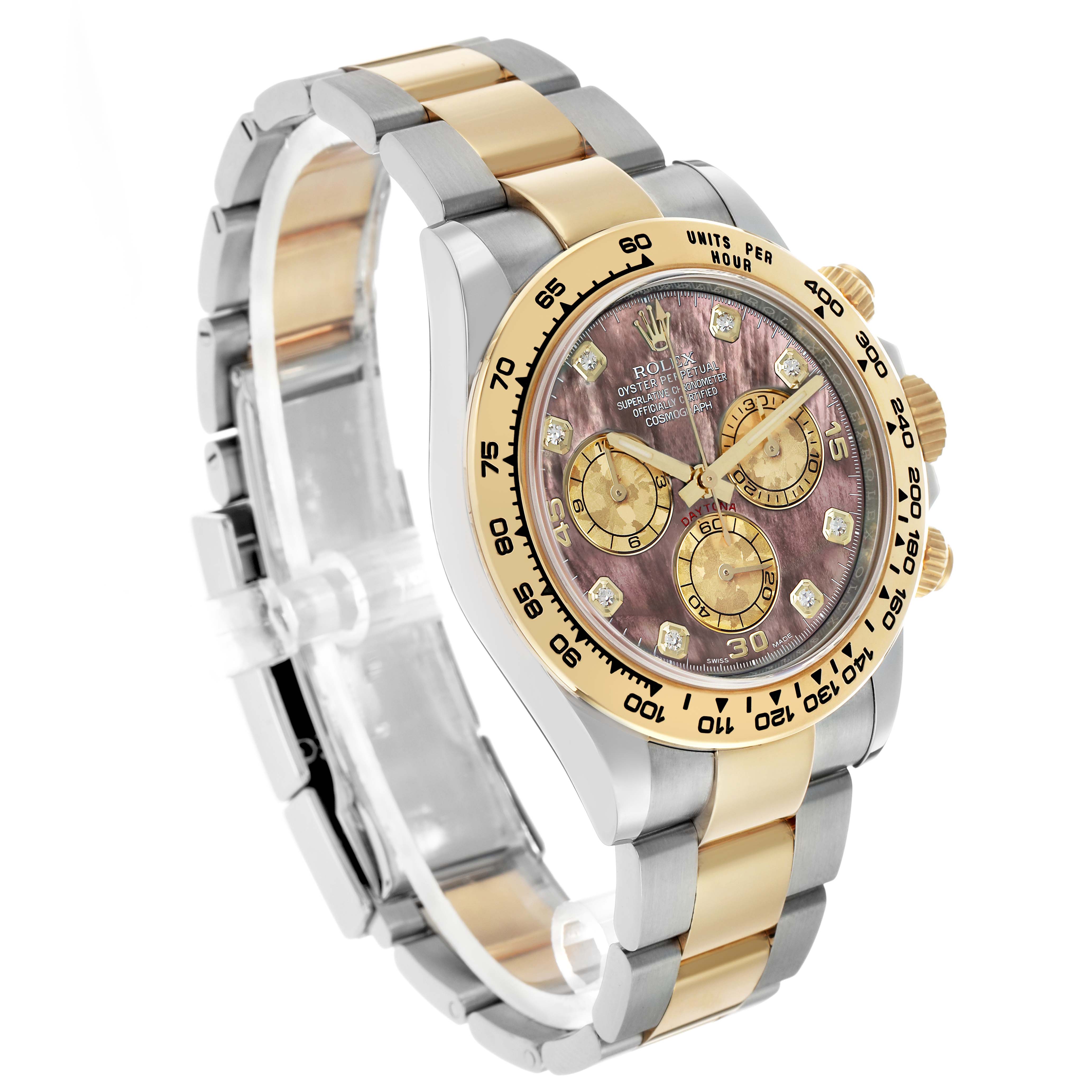 The Rolex Daytona 116503 Men's Steel and Gold (two tone) Mother of Pearl Dial watch is shown at a three-quarter angle, highlighting the face, bezel, and two-tone bracelet.