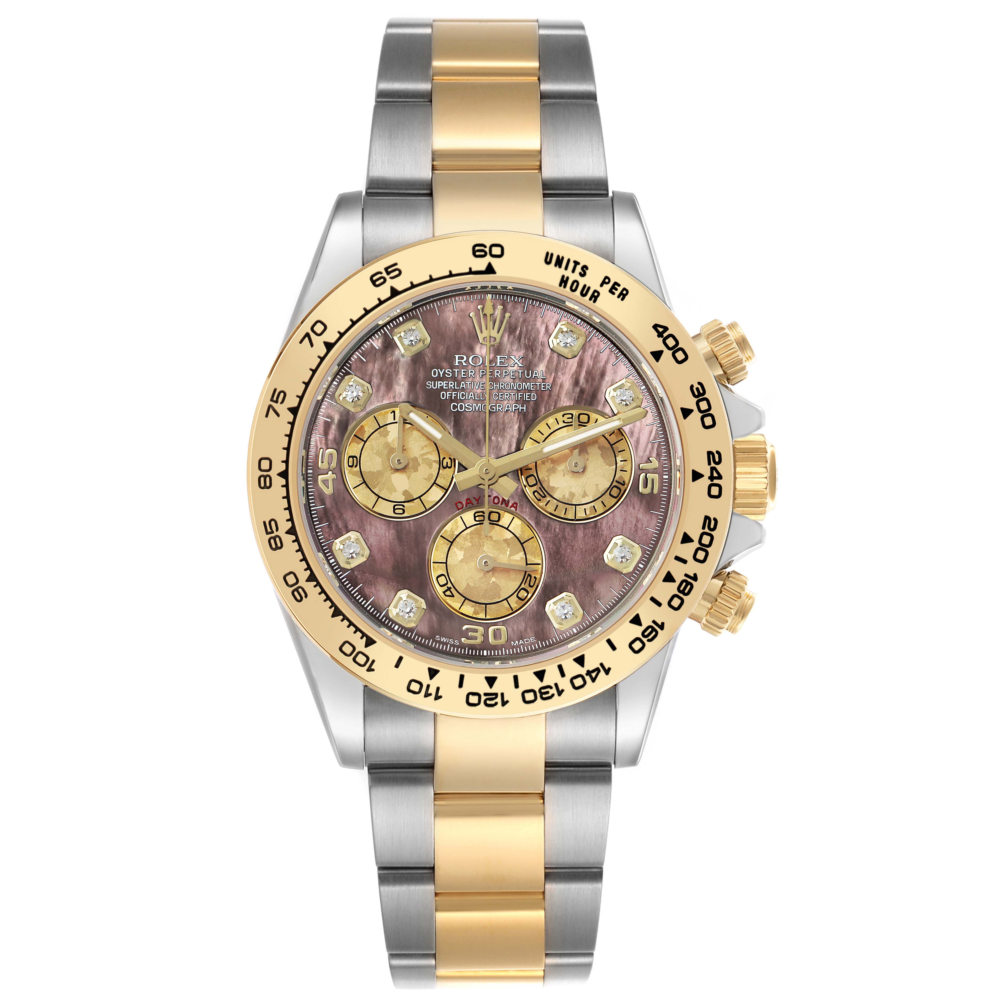 The Rolex Daytona 116503 Men's Steel and Gold (two tone) Mother of Pearl Dial watch is shown from the front, highlighting the dial, bezel, and two-tone bracelet.