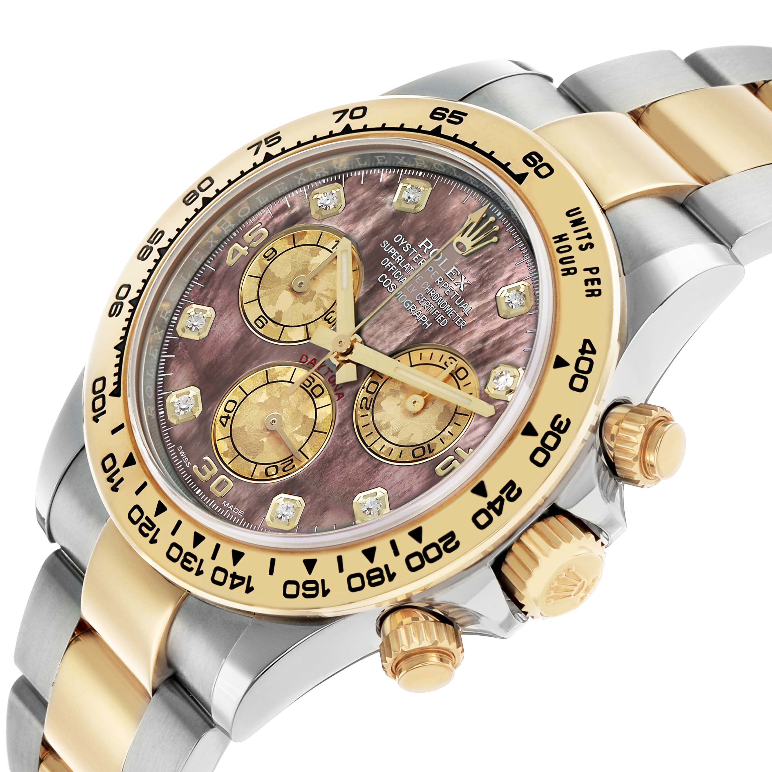 The Rolex Daytona 116503 Men's Steel and Gold (two tone) Mother of Pearl Dial watch is shown at a slight angle, highlighting the face, bezel, crown, and part of the bracelet.