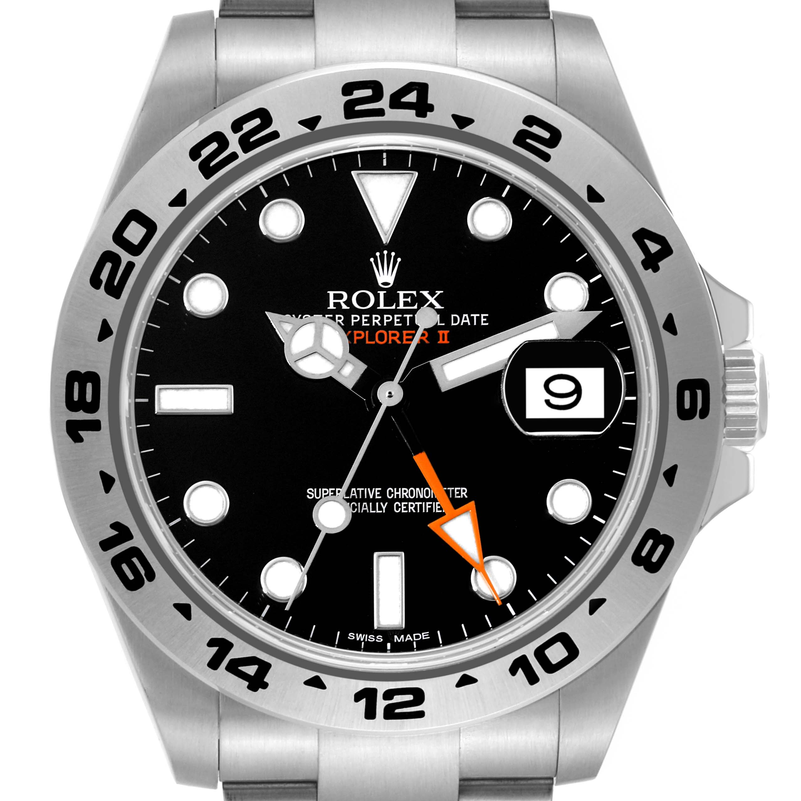 The image shows a front view of the Rolex Explorer 216570 Men
s Stainless Steel Black Dial 216570 Men
s Stainless Steel Black Dial watch, highlighting the face, hands, bezel, and crown.
