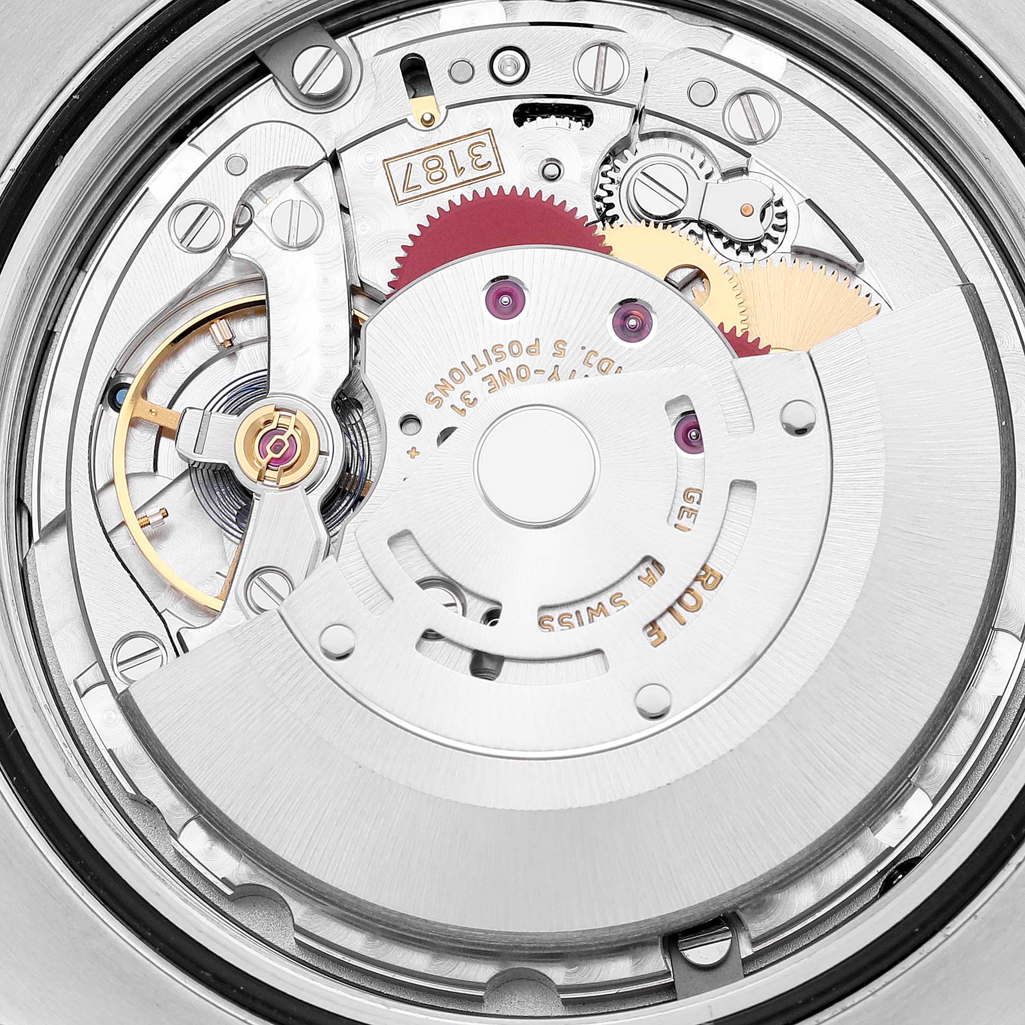 This image shows a close-up view of the movement inside a Rolex Explorer 216570 Men
s Stainless Steel Black Dial 216570 Men
s Stainless Steel Black Dial watch, highlighting its intricate gears and components.