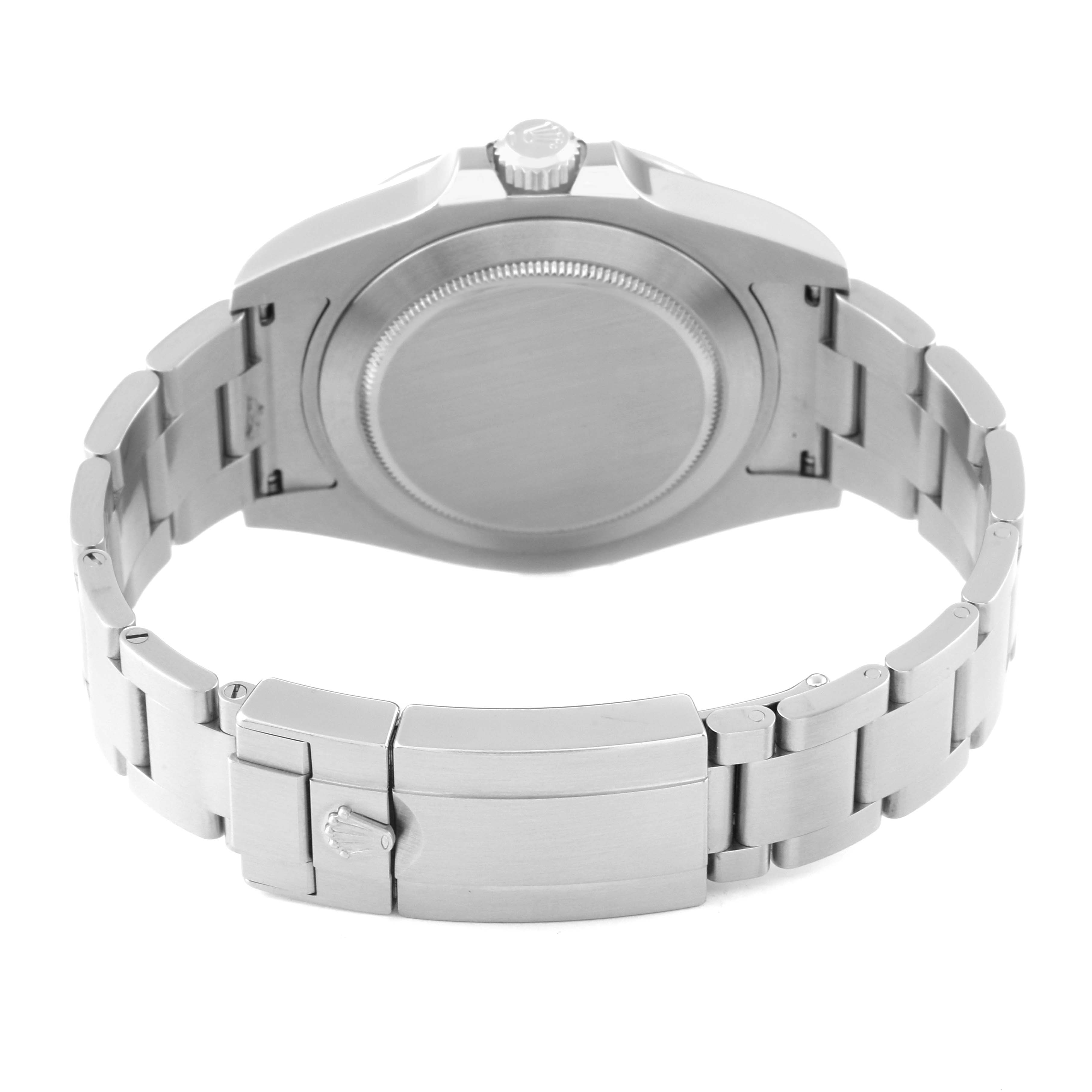 This image shows the rear view of the Rolex Explorer 216570 Men
s Stainless Steel Black Dial 216570 Men
s Stainless Steel Black Dial watch, highlighting the case back and metal bracelet with the clasp.