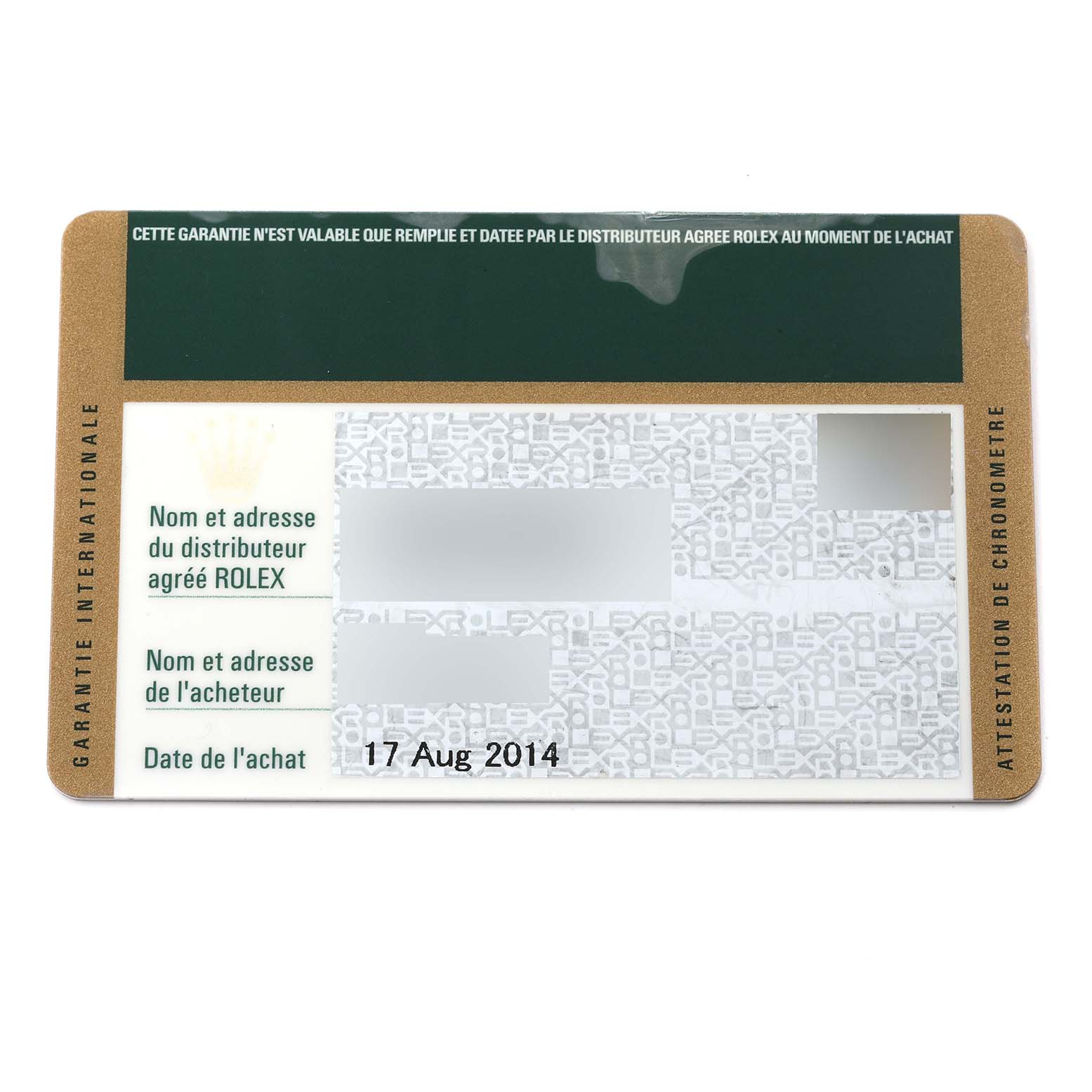 This image shows the warranty card for the Rolex Explorer 216570 Men
s Stainless Steel Black Dial 216570 Men
s Stainless Steel Black Dial model, with purchase date and distributor details listed.