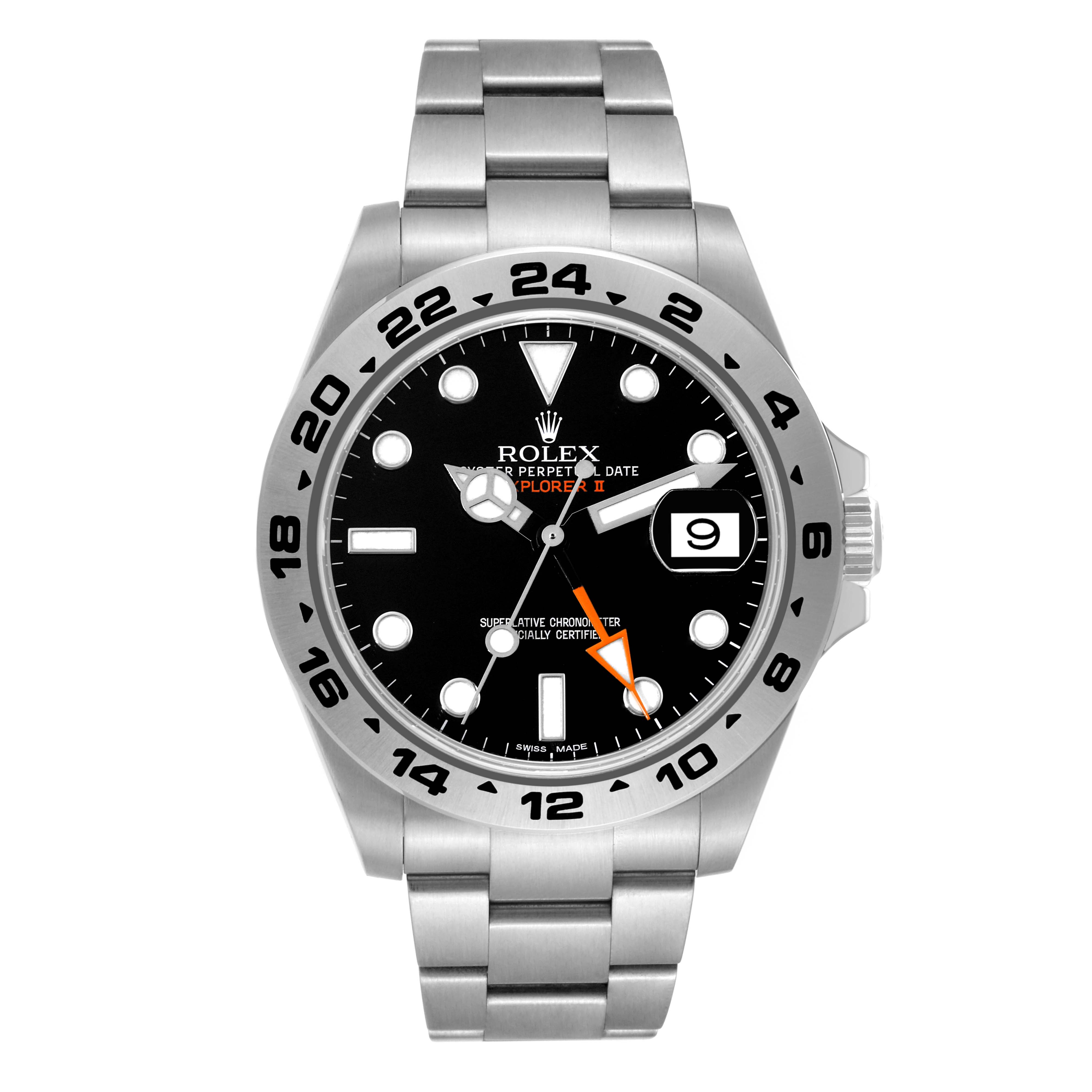 The image shows a front view of a Rolex Explorer 216570 Men
s Stainless Steel Black Dial 216570 Men
s Stainless Steel Black Dial watch, displaying the dial, bezel, and part of the bracelet.