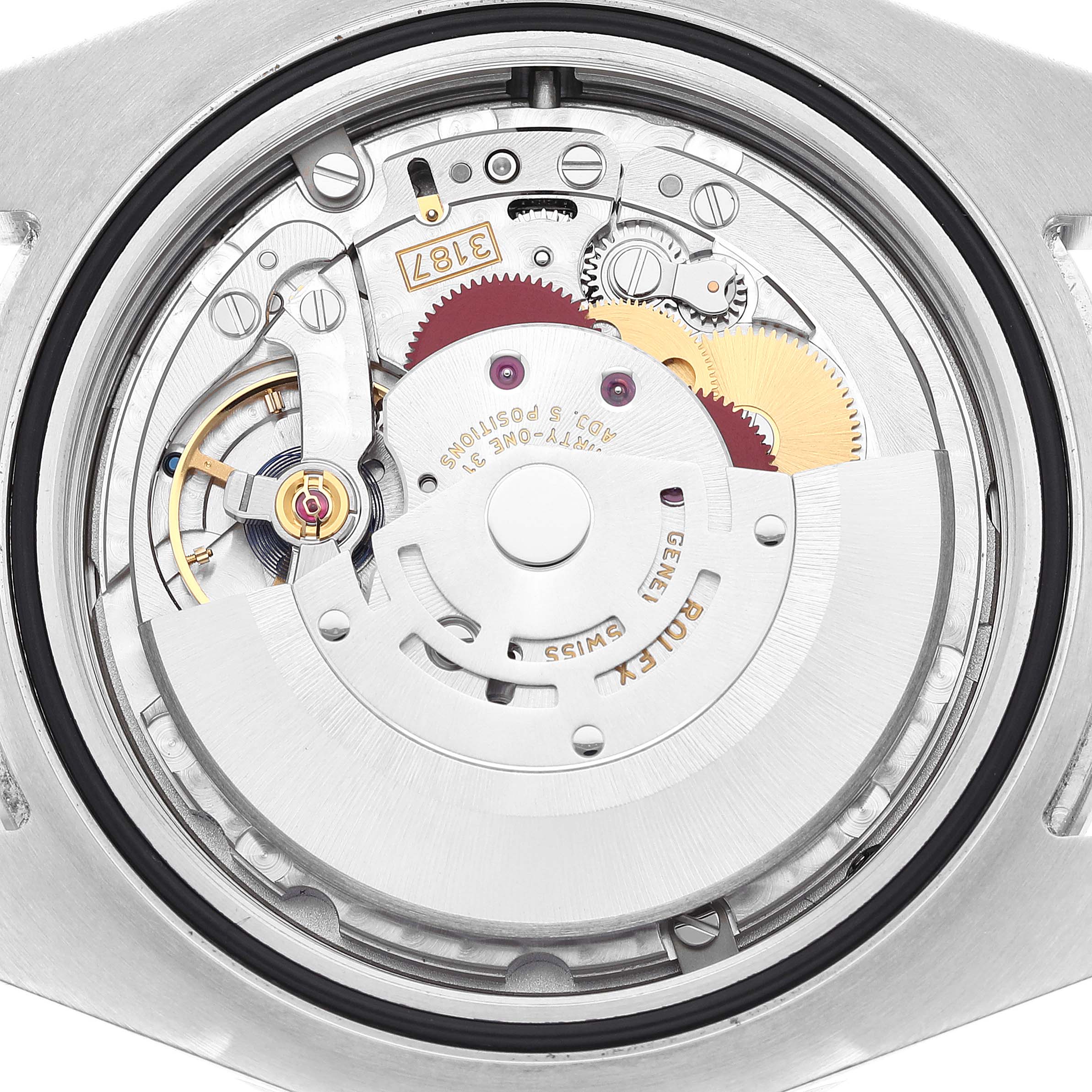 The image shows the internal movement mechanism of a Rolex Explorer 216570 Men's Stainless Steel White Dial 216570 Men's Stainless Steel White Dial watch from the back angle.