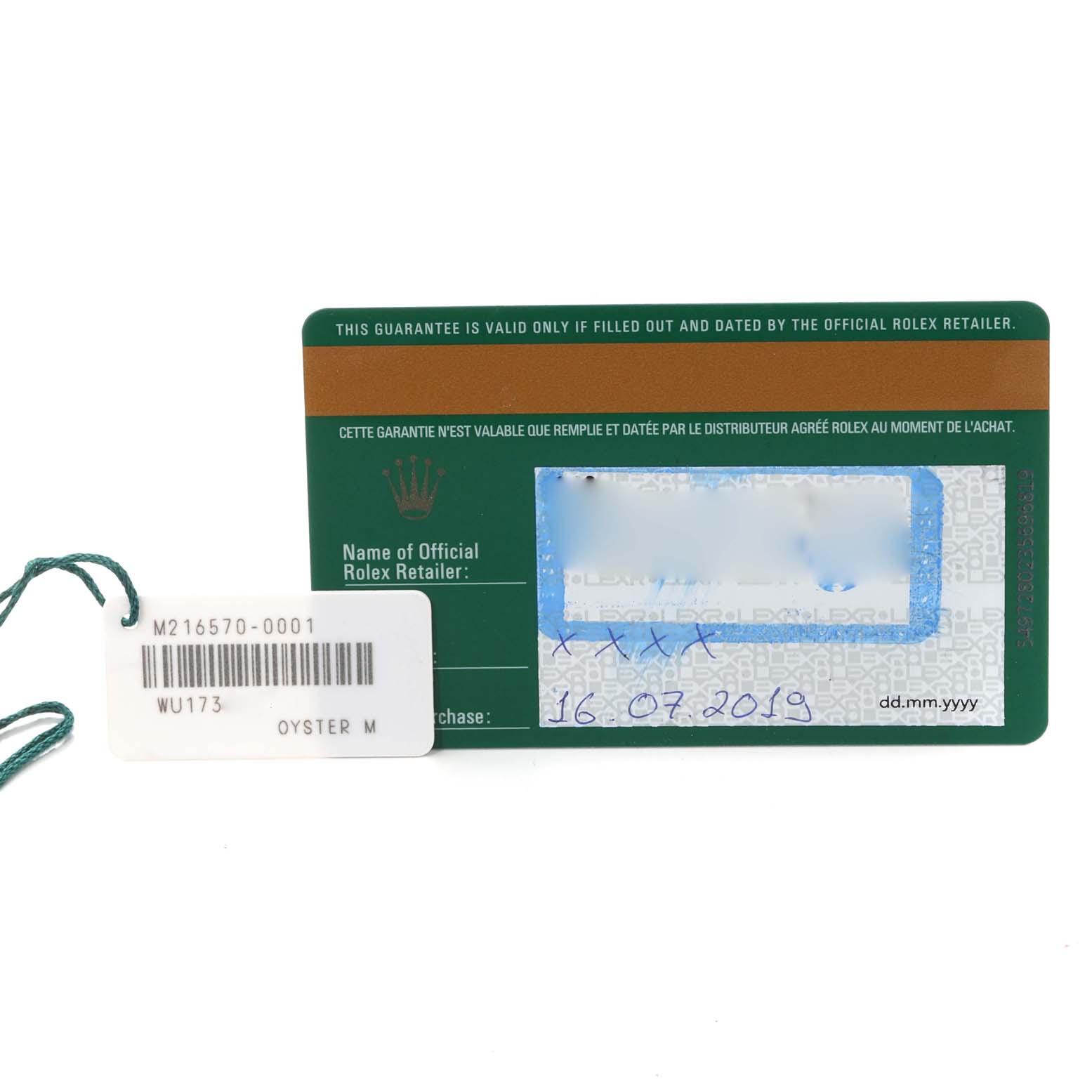 The image shows a warranty card and a hang tag for the Rolex Explorer 216570 Men's Stainless Steel White Dial 216570 Men's Stainless Steel White Dial model.