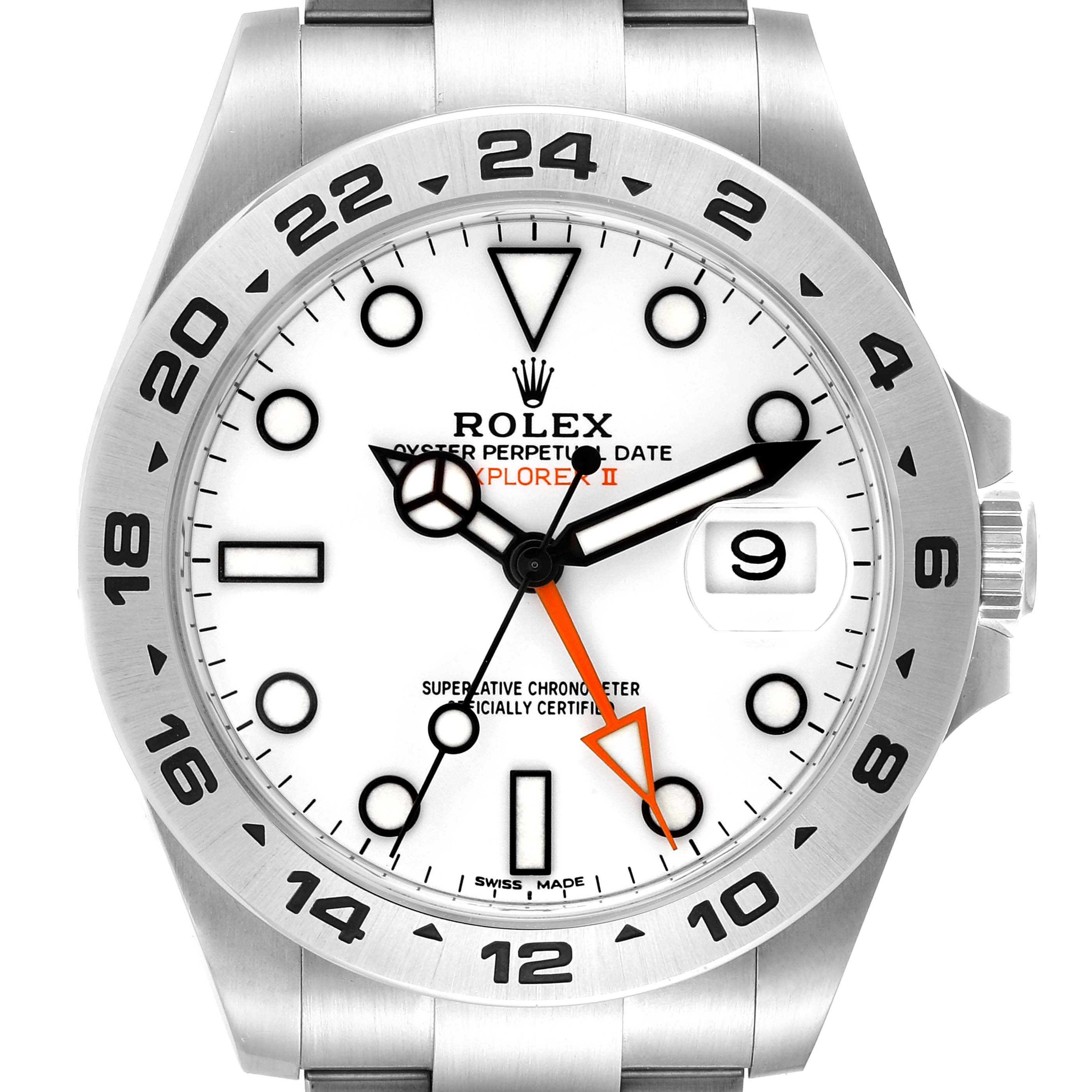 This image shows a head-on view of a Rolex Explorer 216570 Men's Stainless Steel White Dial 216570 Men's Stainless Steel White Dial watch displaying its face and bezel.