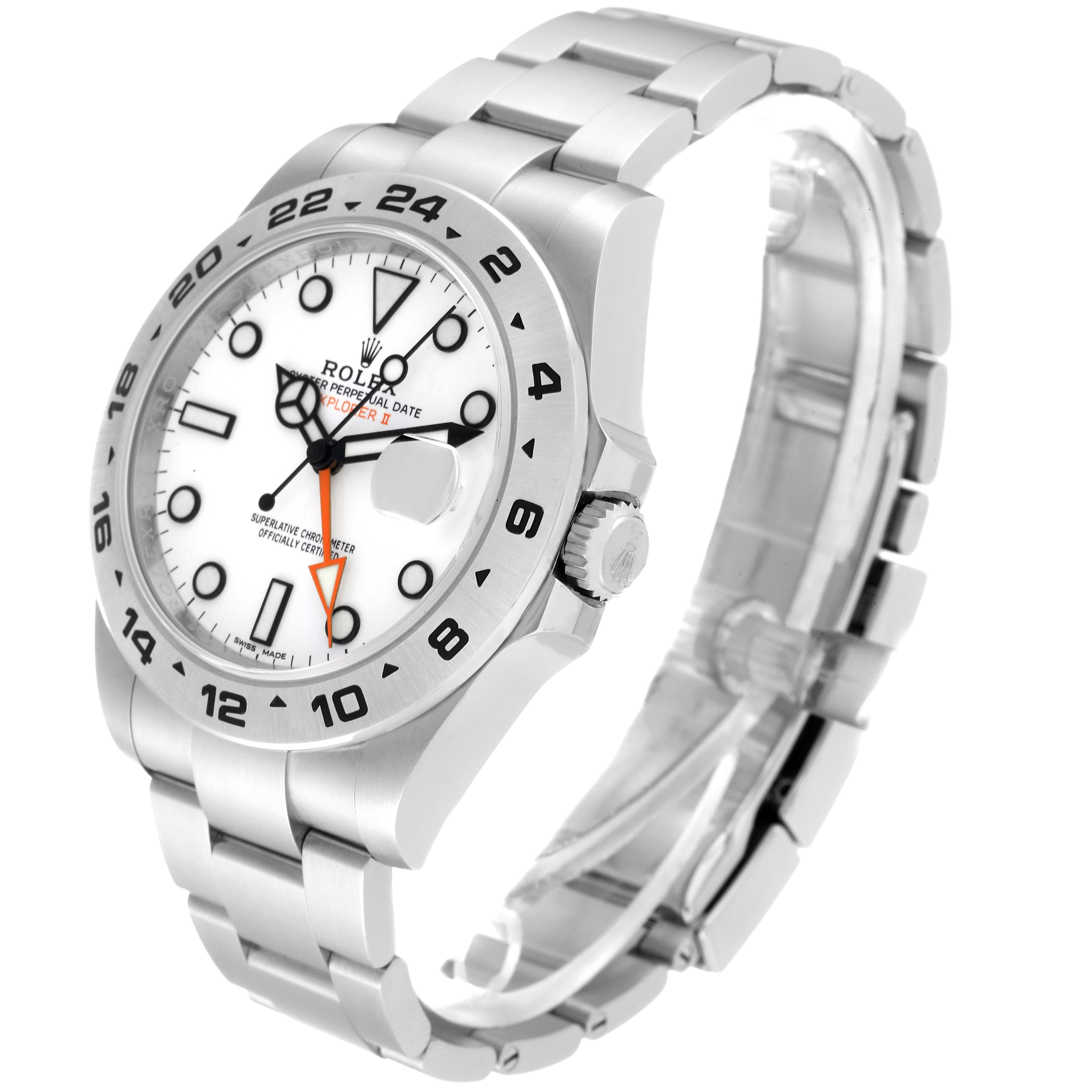 The Rolex Explorer 216570 Men's Stainless Steel White Dial 216570 Men's Stainless Steel White Dial watch is shown at a three-quarter angle, displaying its bezel, dial, crown, and bracelet.