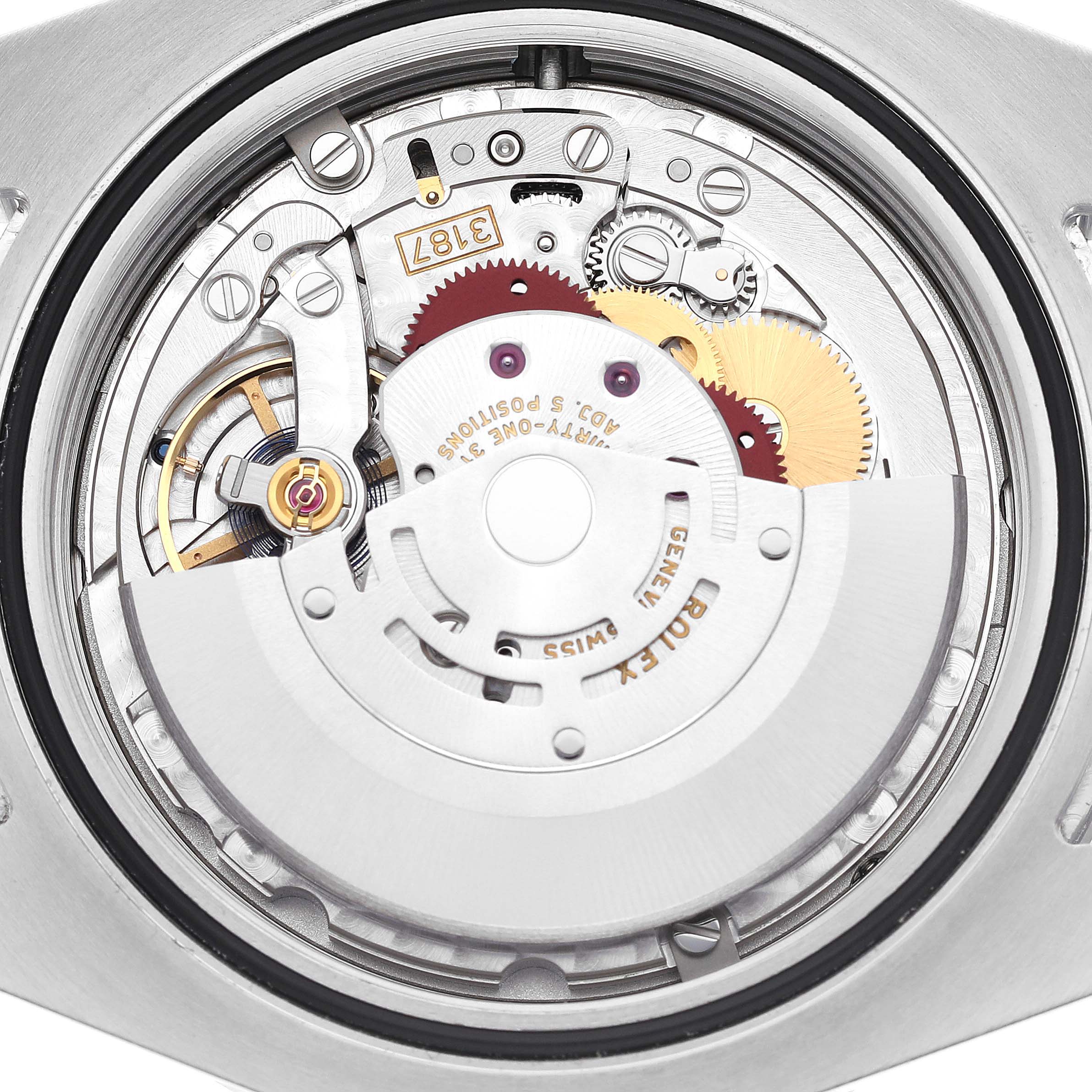 The image shows the intricate movement mechanism inside a Rolex Explorer 216570 Men's Stainless Steel White Dial 216570 Men's Stainless Steel White Dial, viewed from the back with its case removed.