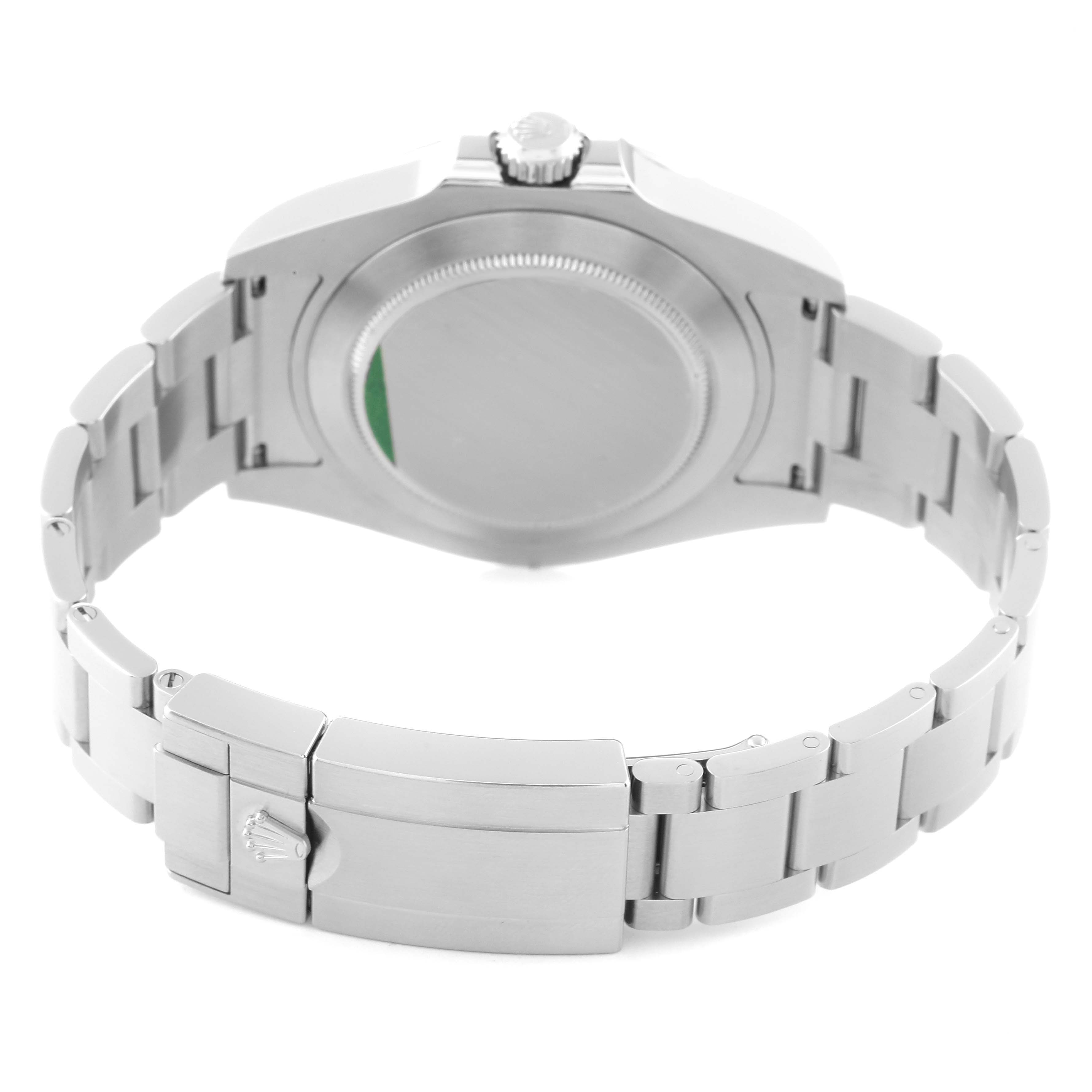 This image shows the back case, crown, and metal bracelet of a Rolex Explorer 216570 Men's Stainless Steel White Dial 216570 Men's Stainless Steel White Dial watch.