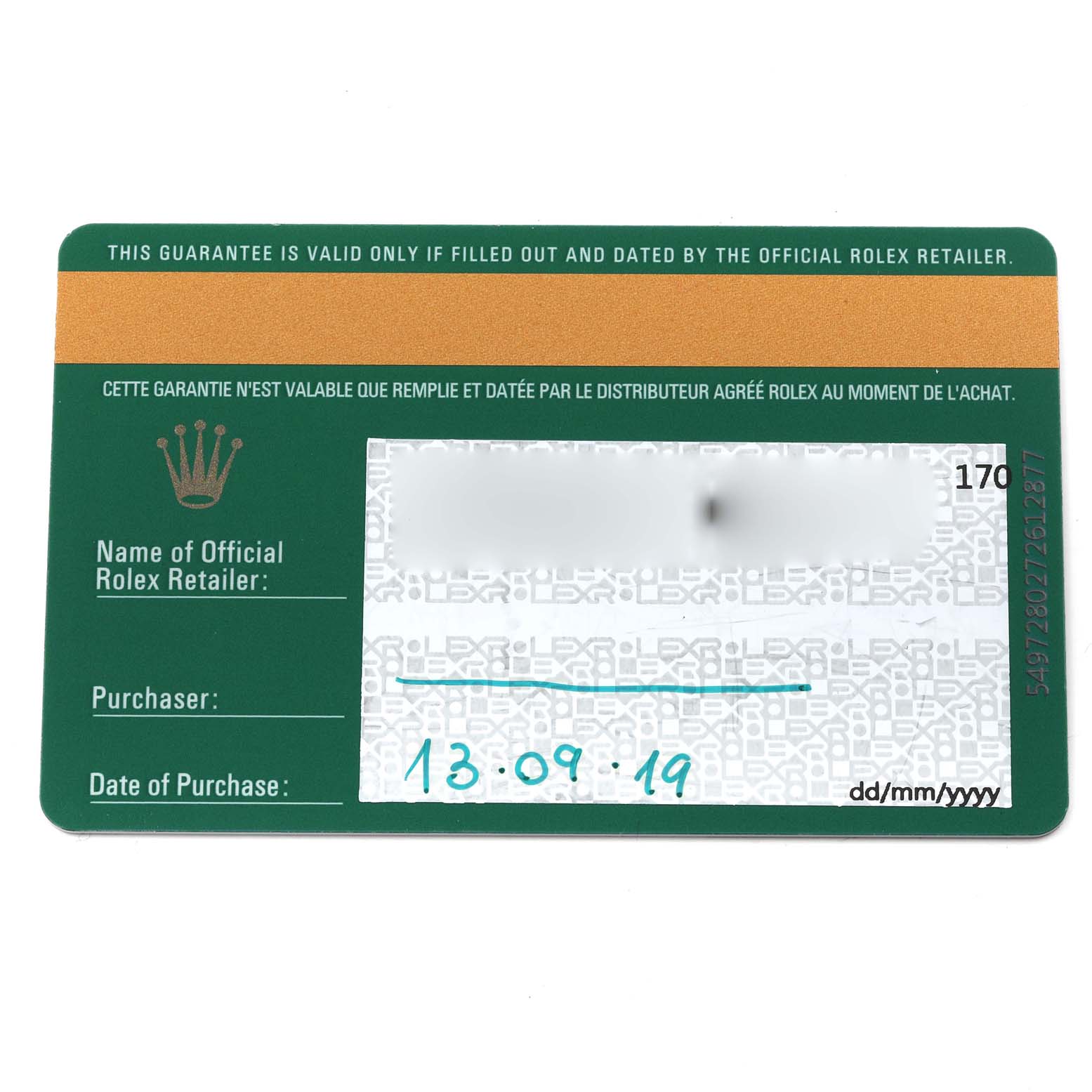 This image shows the guarantee card for a Rolex Explorer 216570 Men's Stainless Steel White Dial 216570 Men's Stainless Steel White Dial watch.