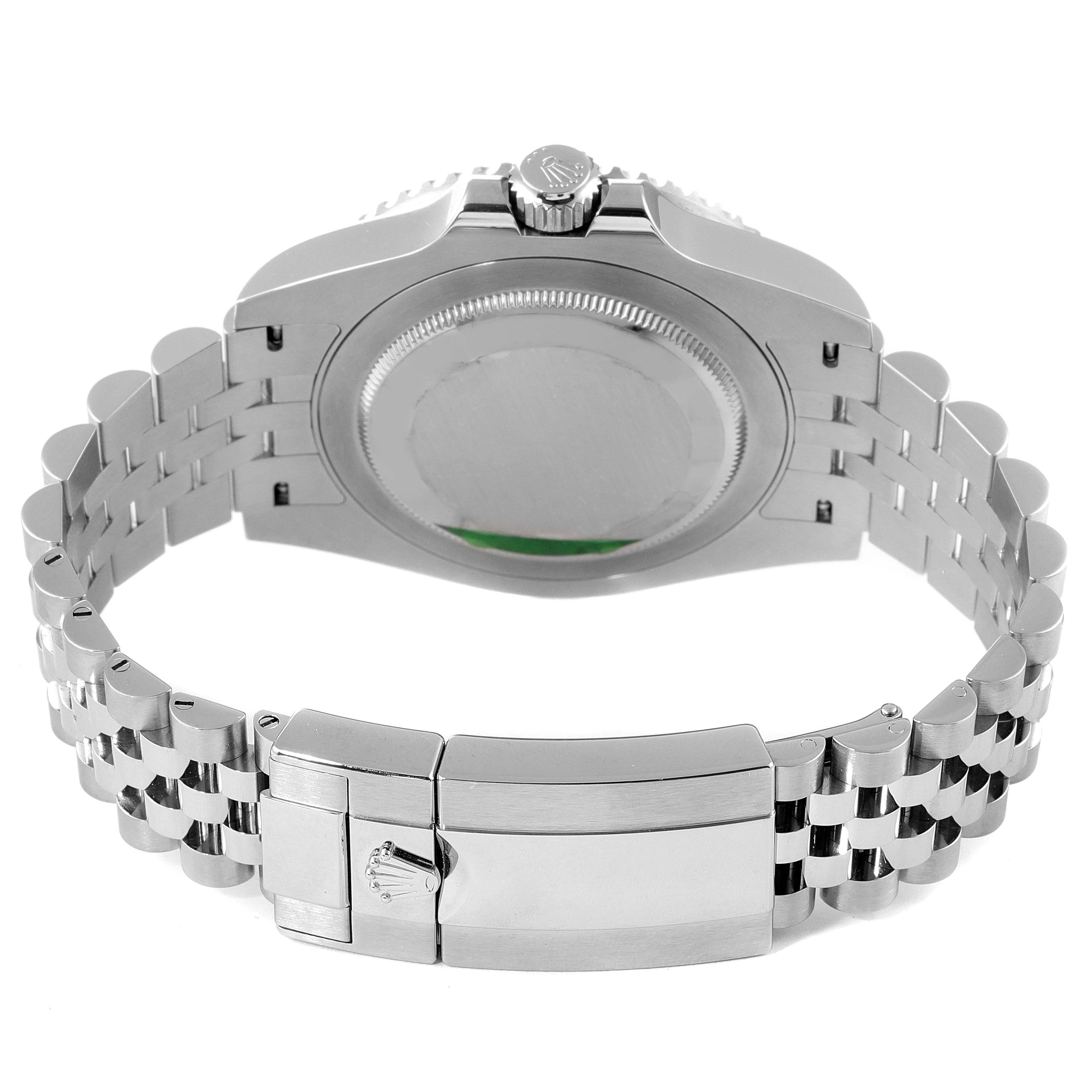 This image shows the back case and bracelet of a Rolex GMT-Master 126710 Men's Stainless Steel Black Dial 126710 Men's Stainless Steel Black Dial watch, including the clasp and crown.