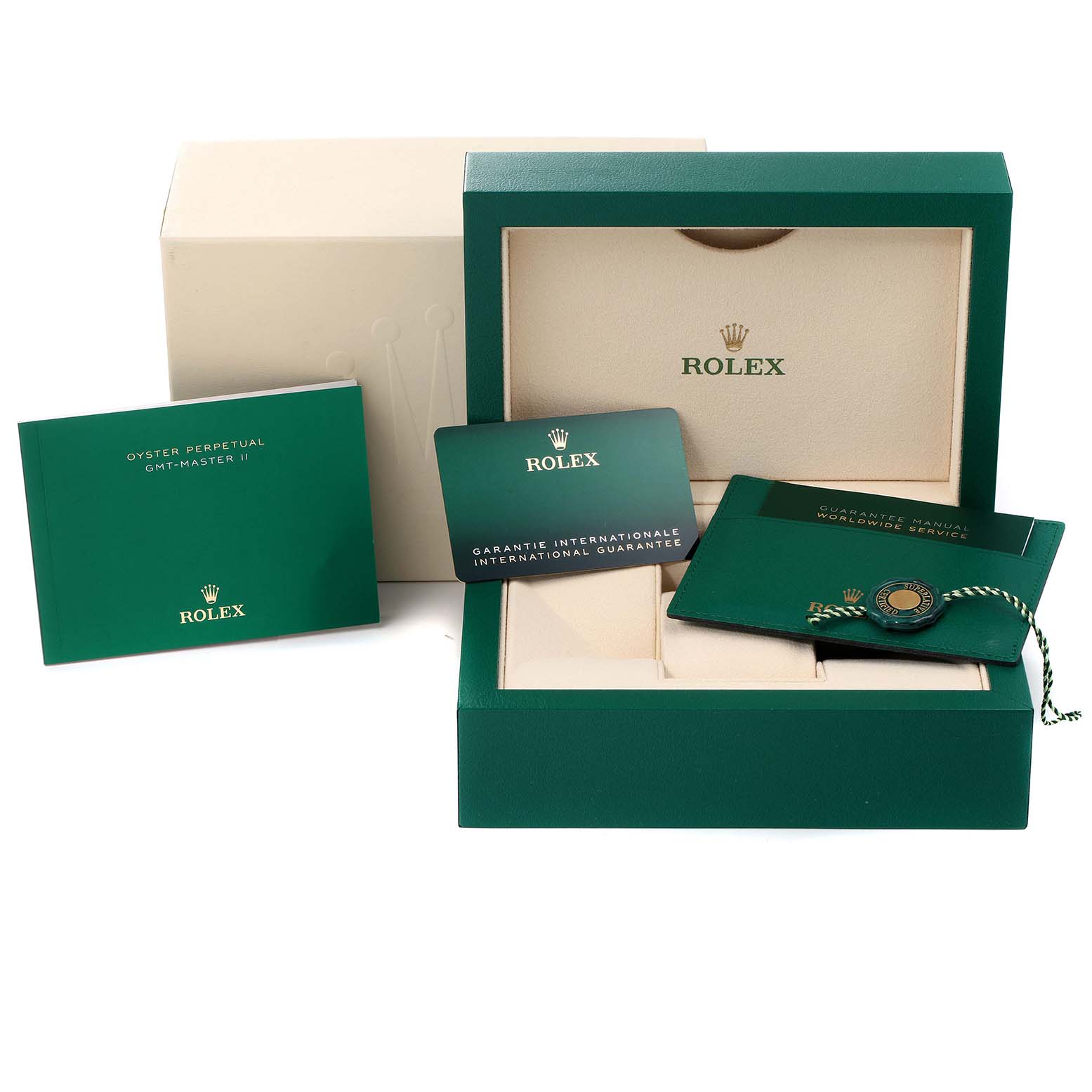 This image shows the packaging, international guarantee card, manual, and box of a Rolex GMT-Master 126710 Men's Stainless Steel Black Dial 126710 Men's Stainless Steel Black Dial II watch.