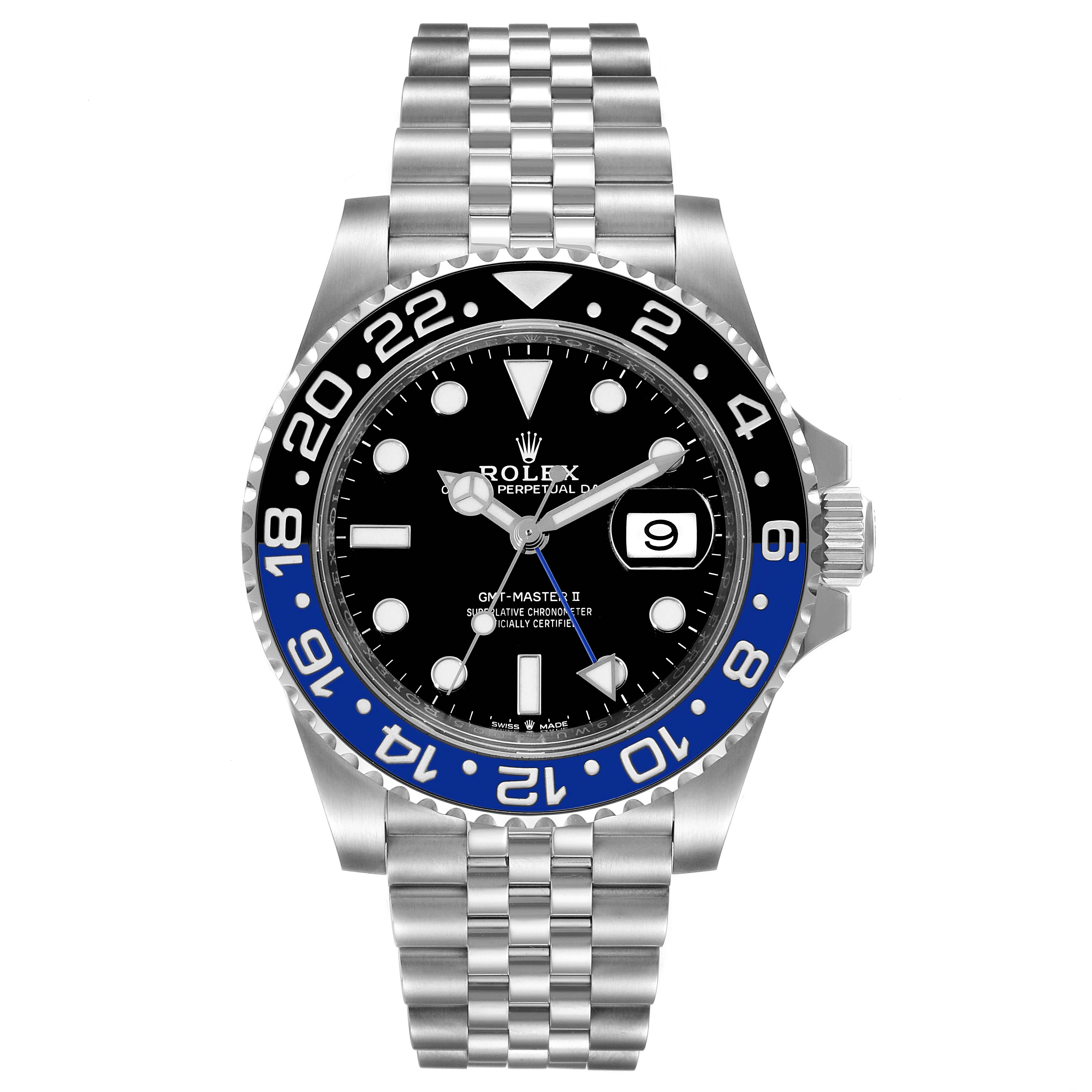 This image shows a front view of a Rolex GMT-Master 126710 Men's Stainless Steel Black Dial 126710 Men's Stainless Steel Black Dial watch, highlighting the bezel, dial, hands, bracelet, and crown.