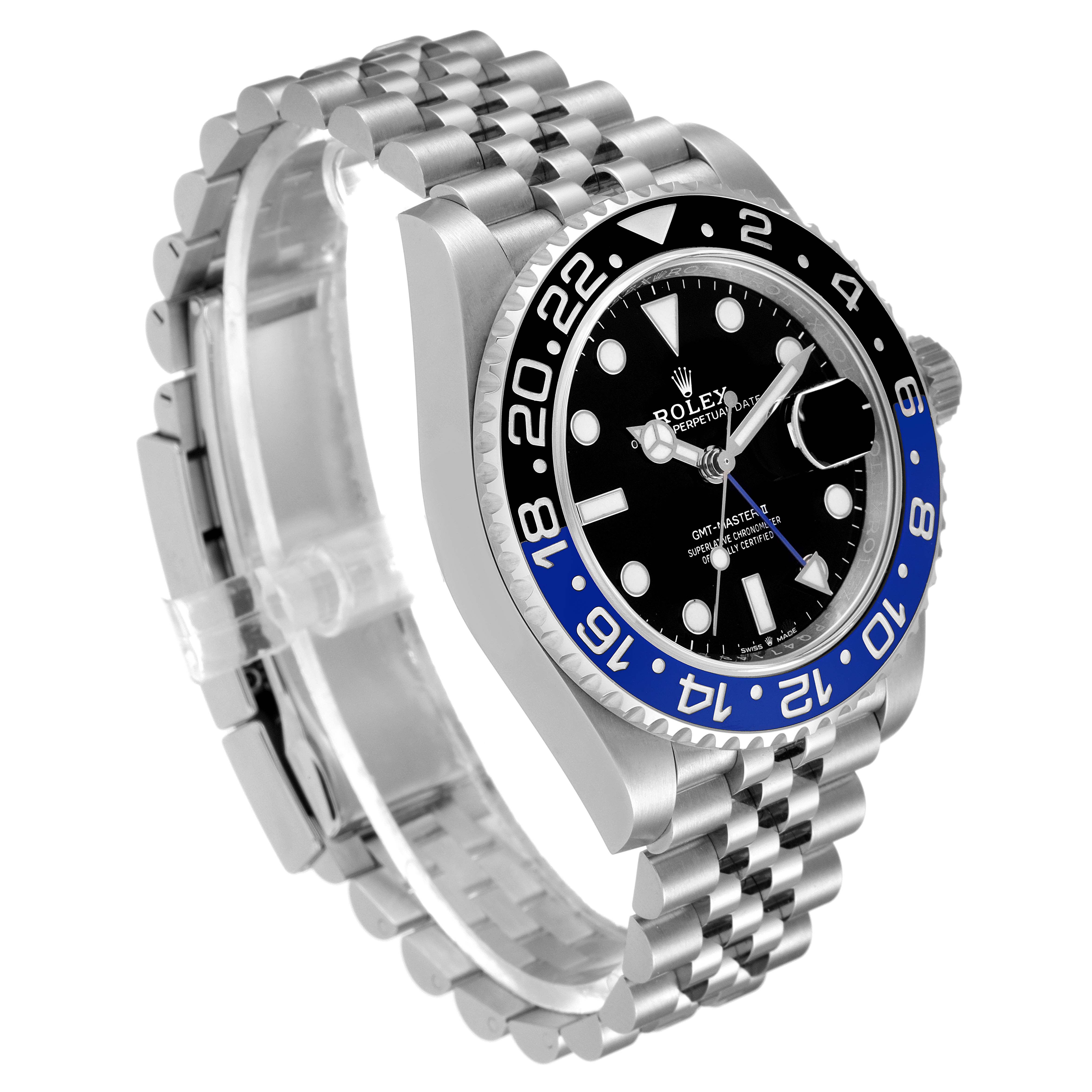 The image shows a three-quarters view of a Rolex GMT-Master 126710 Men's Stainless Steel Black Dial 126710 Men's Stainless Steel Black Dial watch, highlighting the bezel, dial, and jubilee bracelet.