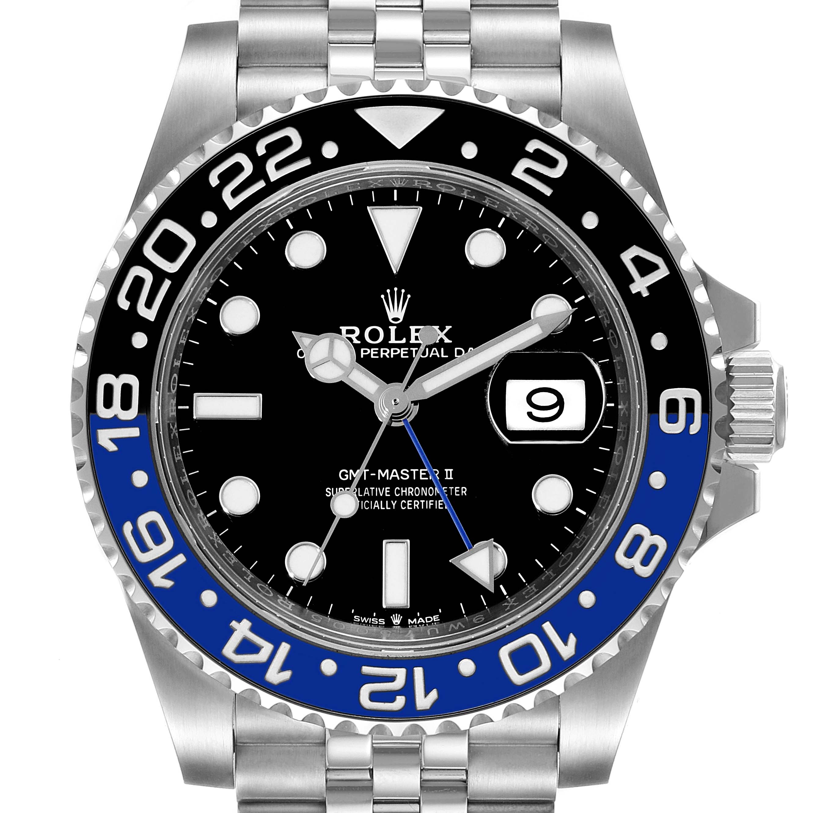 This image shows a front view of a Rolex GMT-Master 126710 Men's Stainless Steel Black Dial 126710 Men's Stainless Steel Black Dial II watch, highlighting the dial, bezel, and part of the bracelet.
