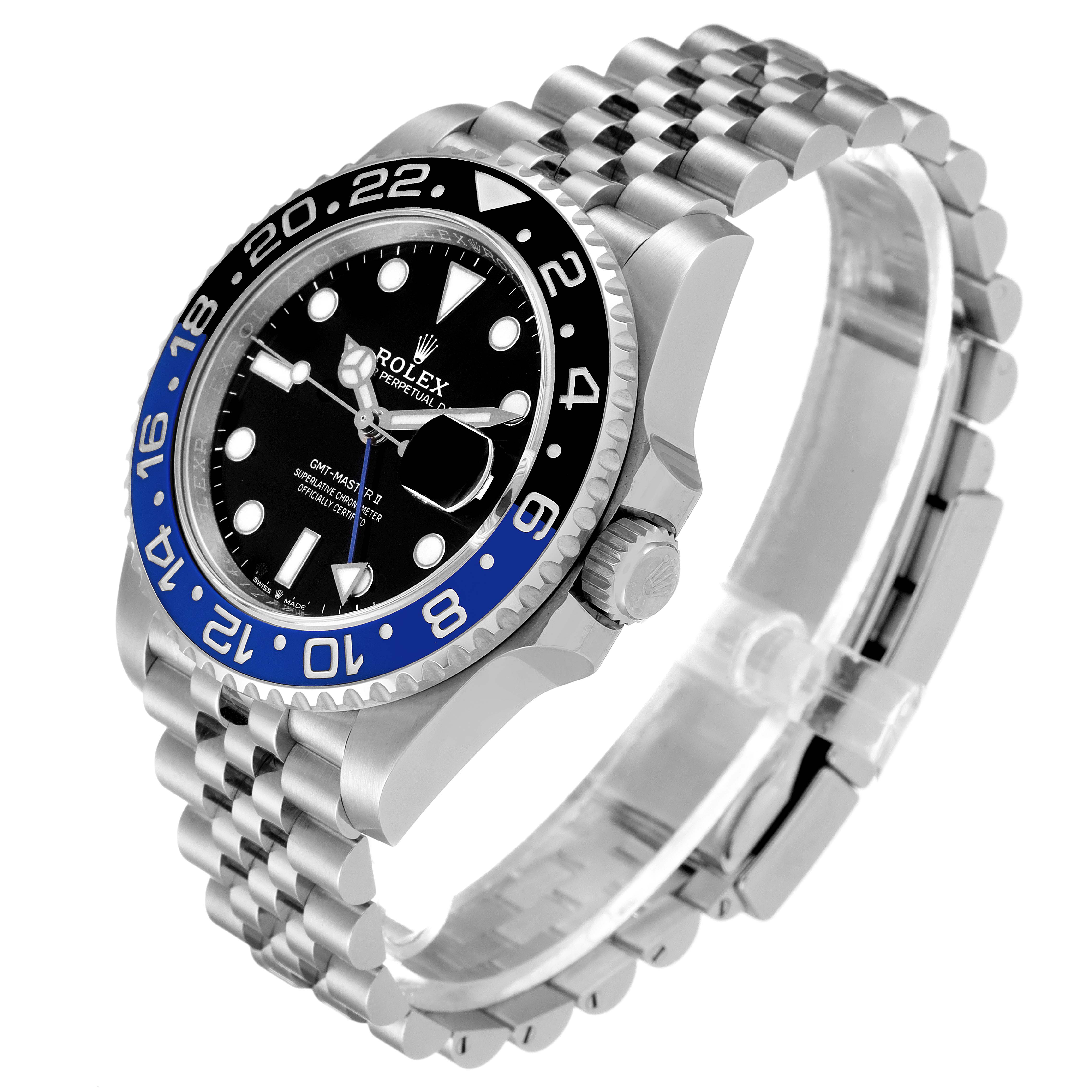 The Rolex GMT-Master 126710 Men's Stainless Steel Black Dial 126710 Men's Stainless Steel Black Dial watch is shown at an angle highlighting its face, bezel, crown, and bracelet.