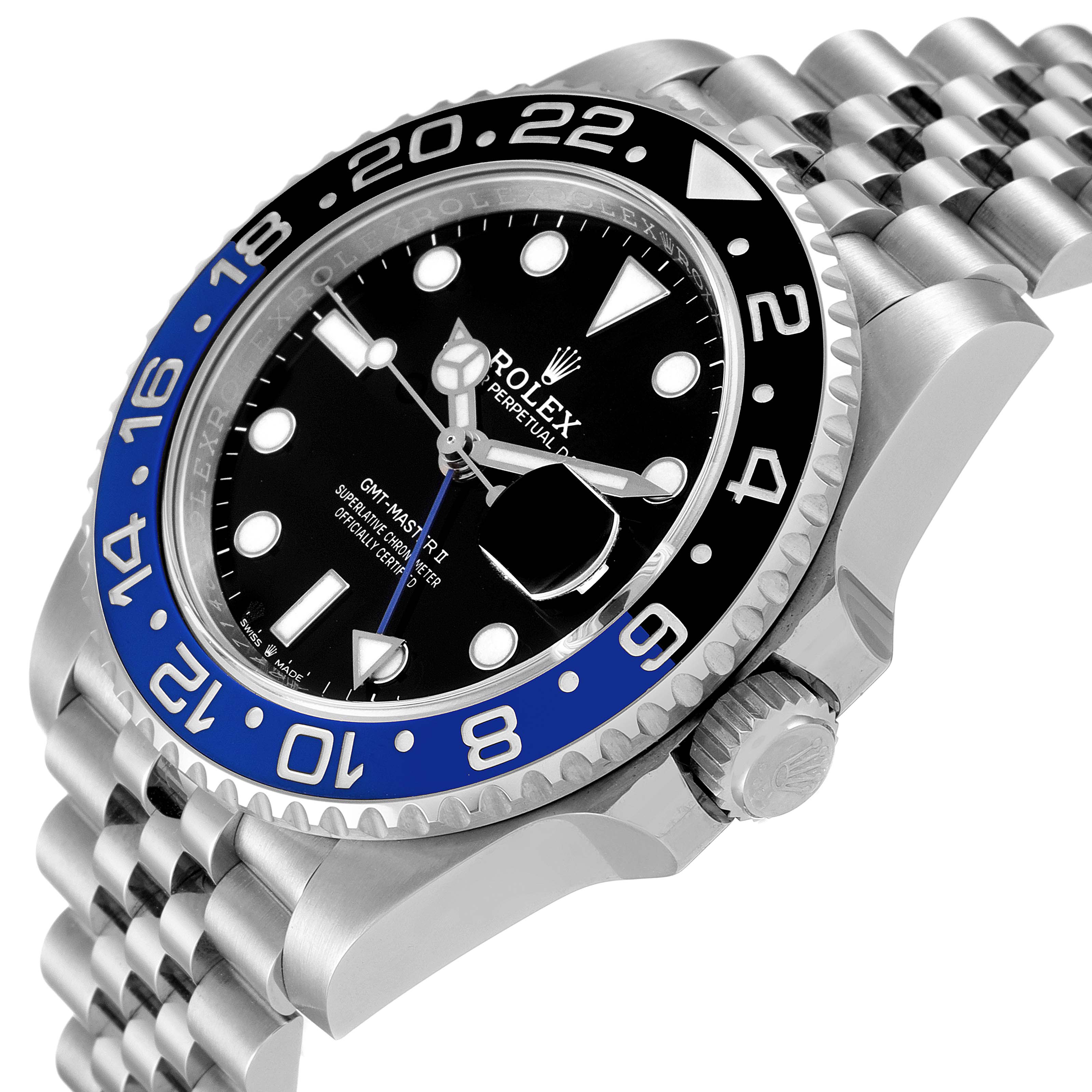 The image shows a side angle of a Rolex GMT-Master 126710 Men's Stainless Steel Black Dial 126710 Men's Stainless Steel Black Dial watch, highlighting its bezel, dial, crown, and bracelet.