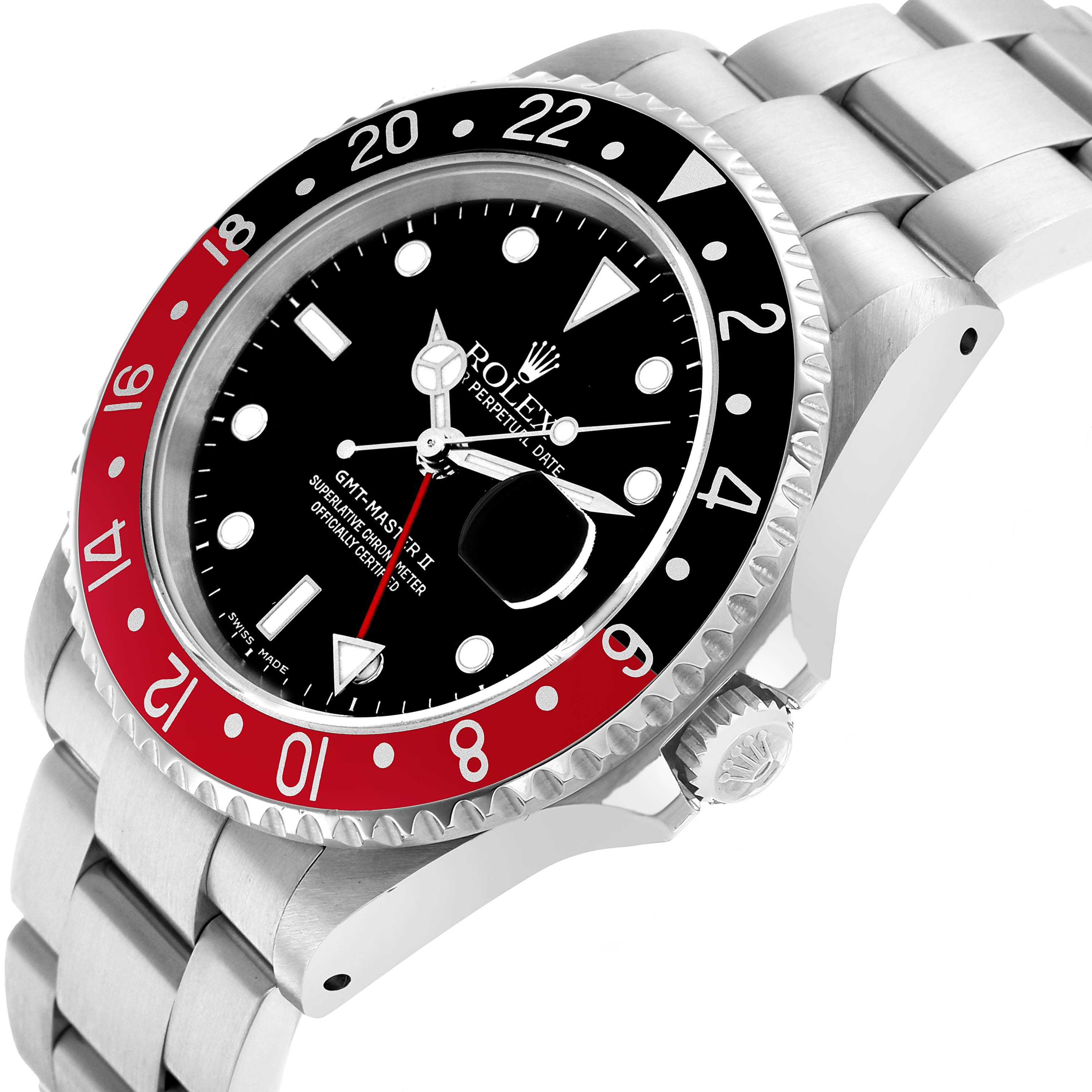 The Rolex GMT-Master 16710 Men's Stainless Steel Black Dial watch is shown at an angle highlighting the face, bezel, crown, and part of the bracelet.