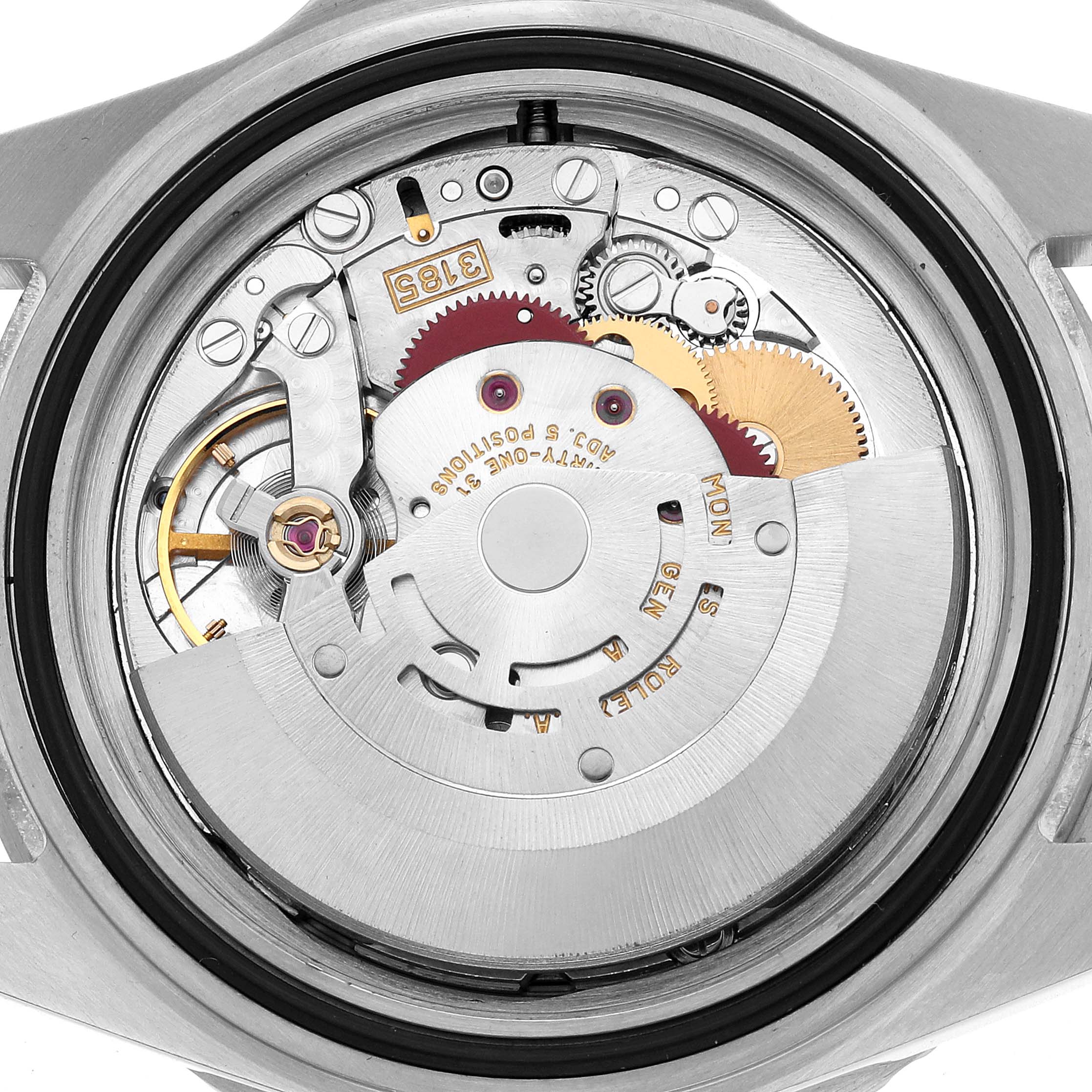 This image shows the rear view of the Rolex GMT-Master 16710 Men's Stainless Steel Black Dial, highlighting its intricate movement components.