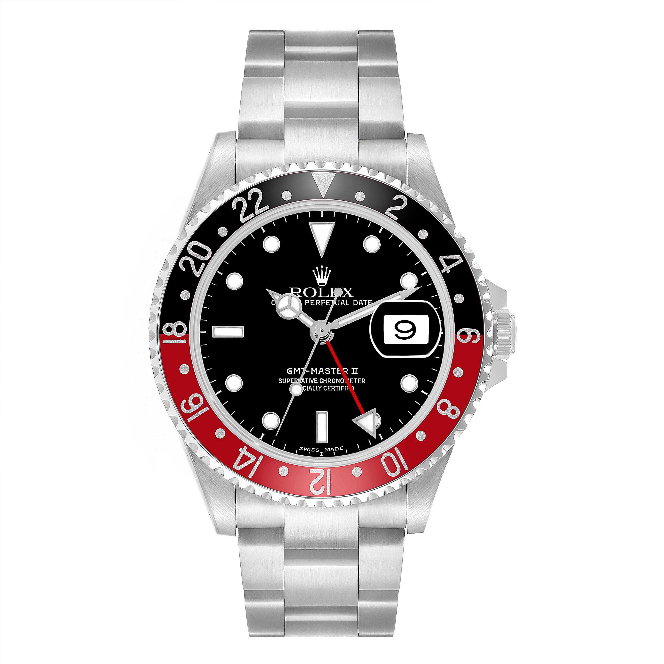 The Rolex GMT-Master 16710 Men's Stainless Steel Black Dial watch is shown from a front angle, displaying the bezel, dial, hands, and bracelet.