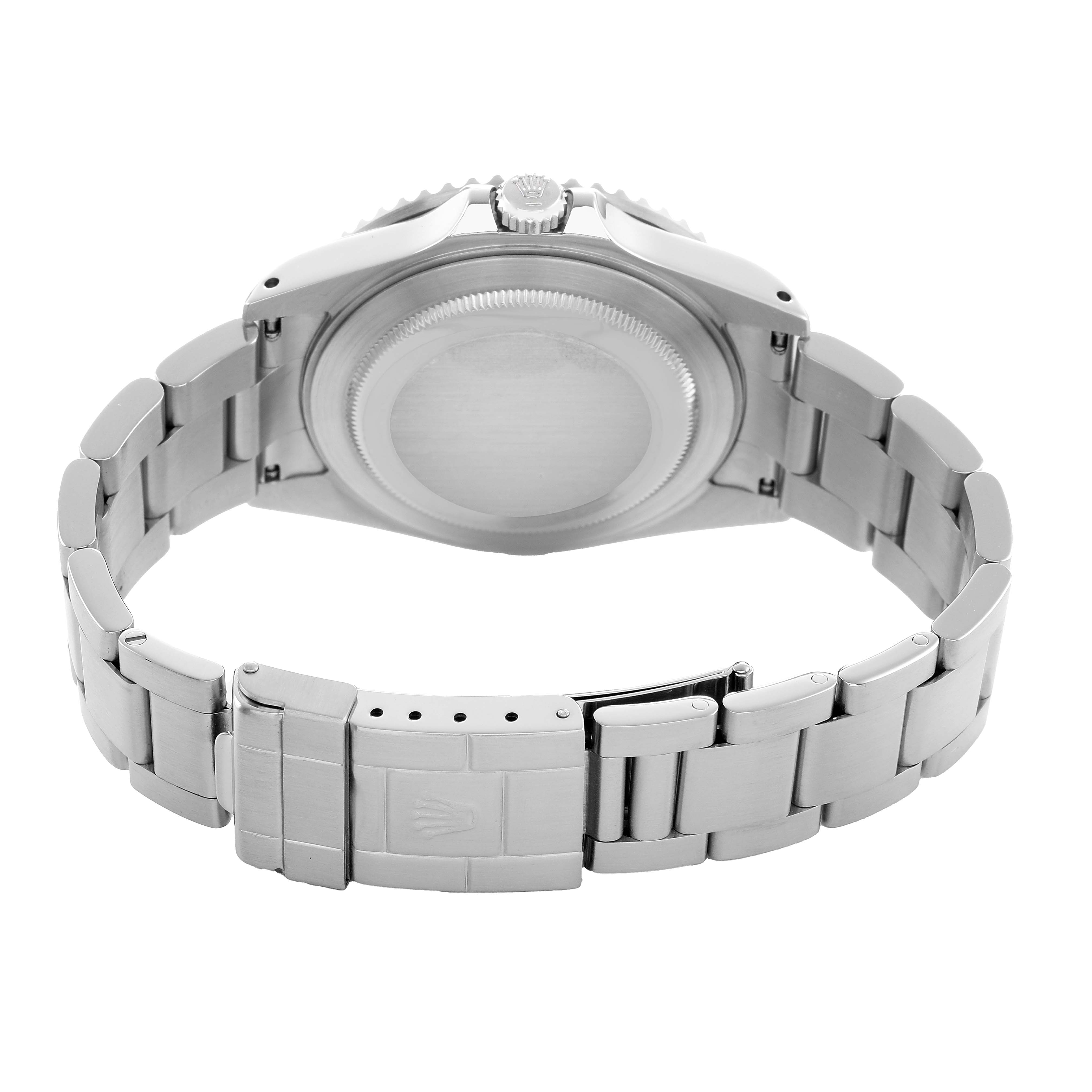 The image shows the back view of a Rolex GMT-Master 16710 Men's Stainless Steel Black Dial watch, highlighting the case back, crown, and metal bracelet.