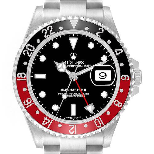 The Rolex GMT-Master 16710 Men's Stainless Steel Black Dial watch is shown from the front, displaying the dial, bezel, and part of the bracelet.
