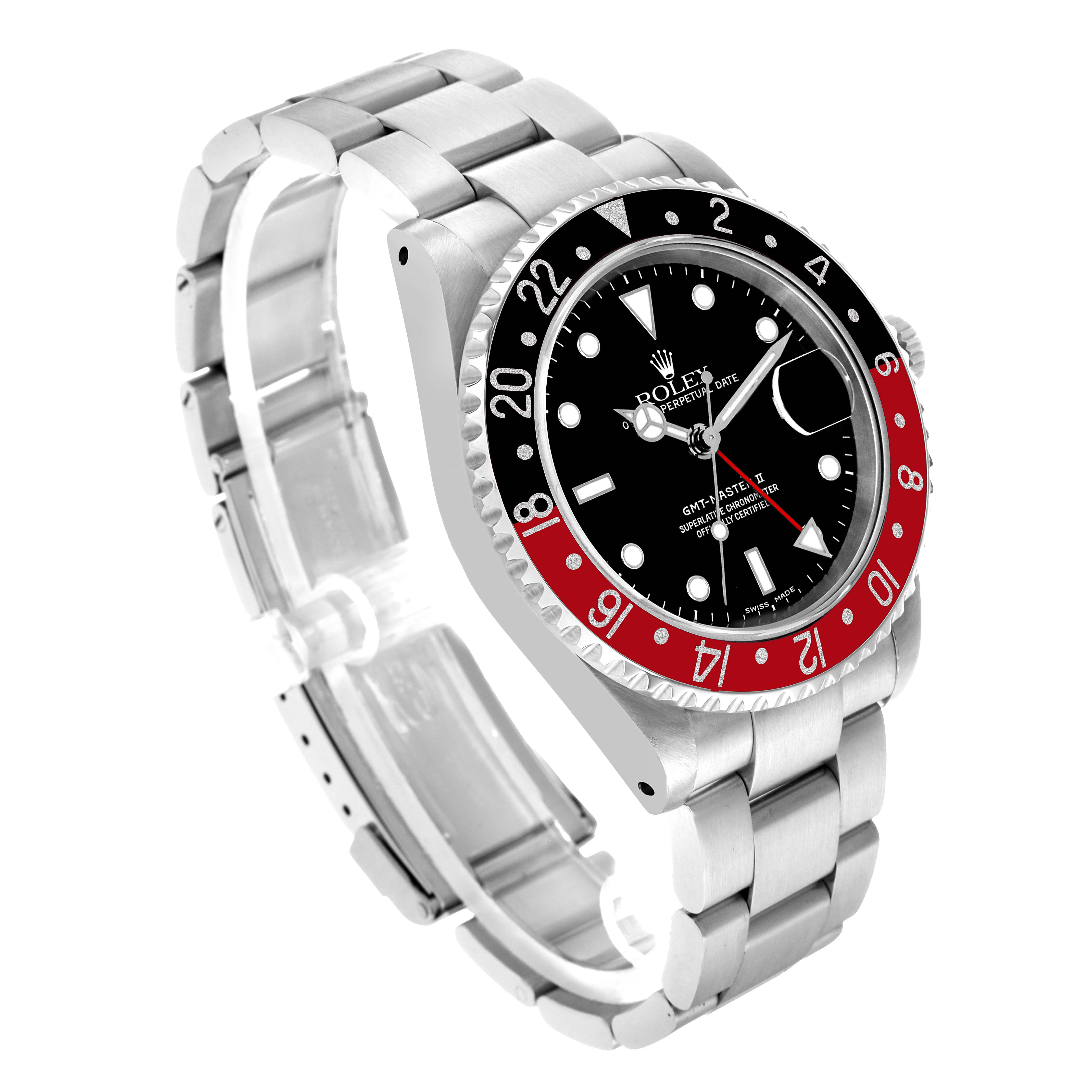 The Rolex GMT-Master 16710 Men's Stainless Steel Black Dial watch is shown at a three-quarter angle, highlighting the bezel, dial, and bracelet.